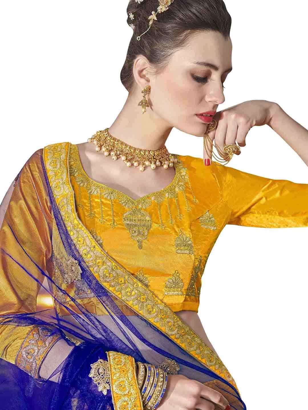 MANVAA Yellow & Blue Embroidered Thread Work Semi-Stitched Lehenga & Unstitched Blouse With Dupatta - view 1