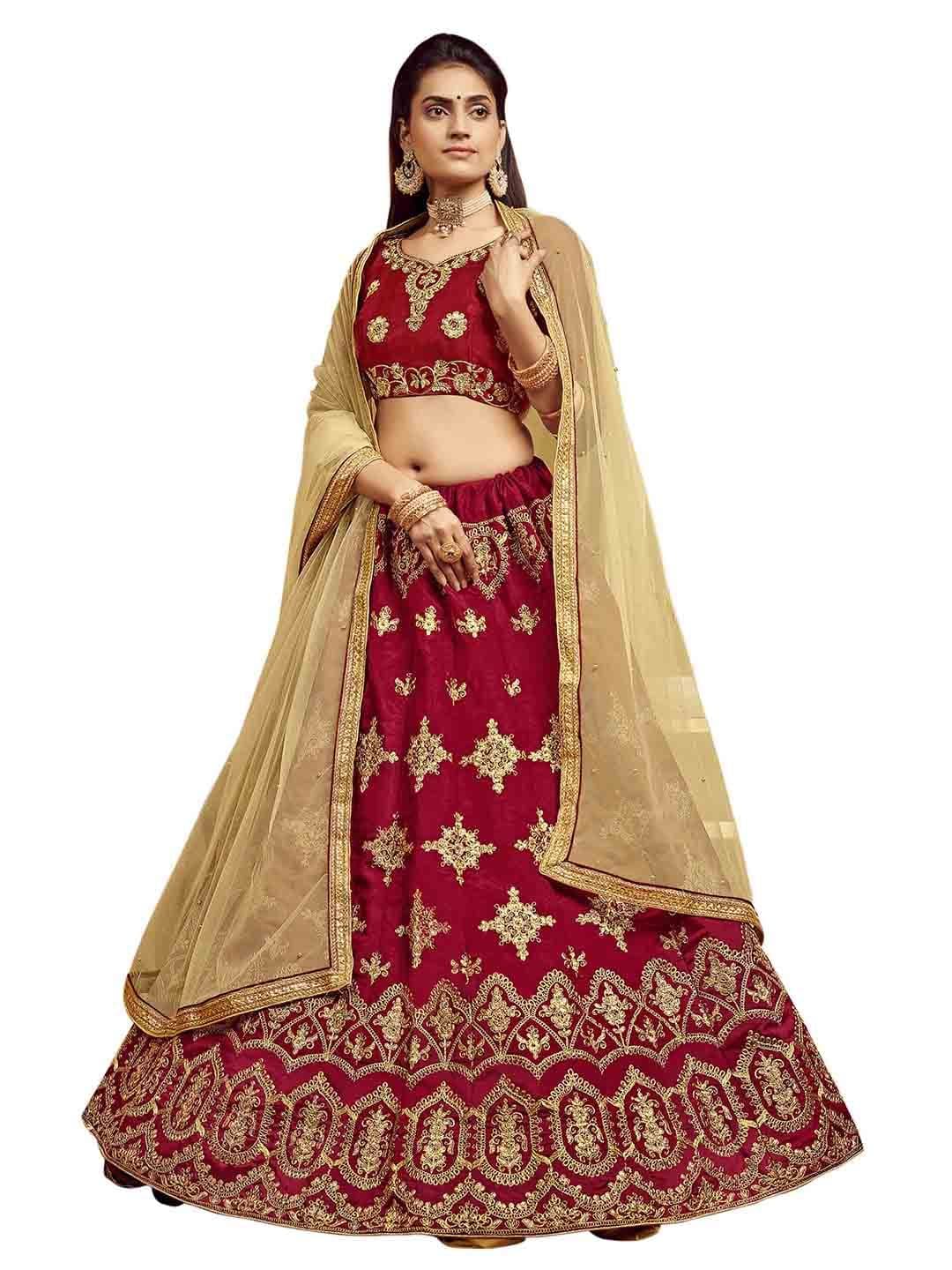 MANVAA Maroon & Gold-Toned Embroidered Thread Work Semi-Stitched Lehenga & Unstitched Blouse With Dupatta - view 1