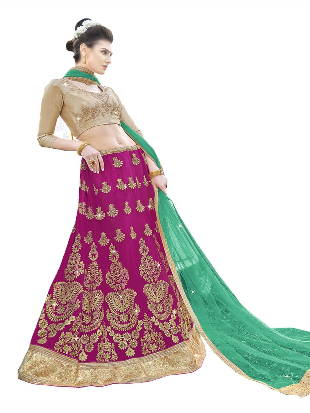 MANVAA Pink & Green Embroidered Beads and Stones Semi-Stitched Lehenga & Unstitched Blouse With Dupatta - view 1