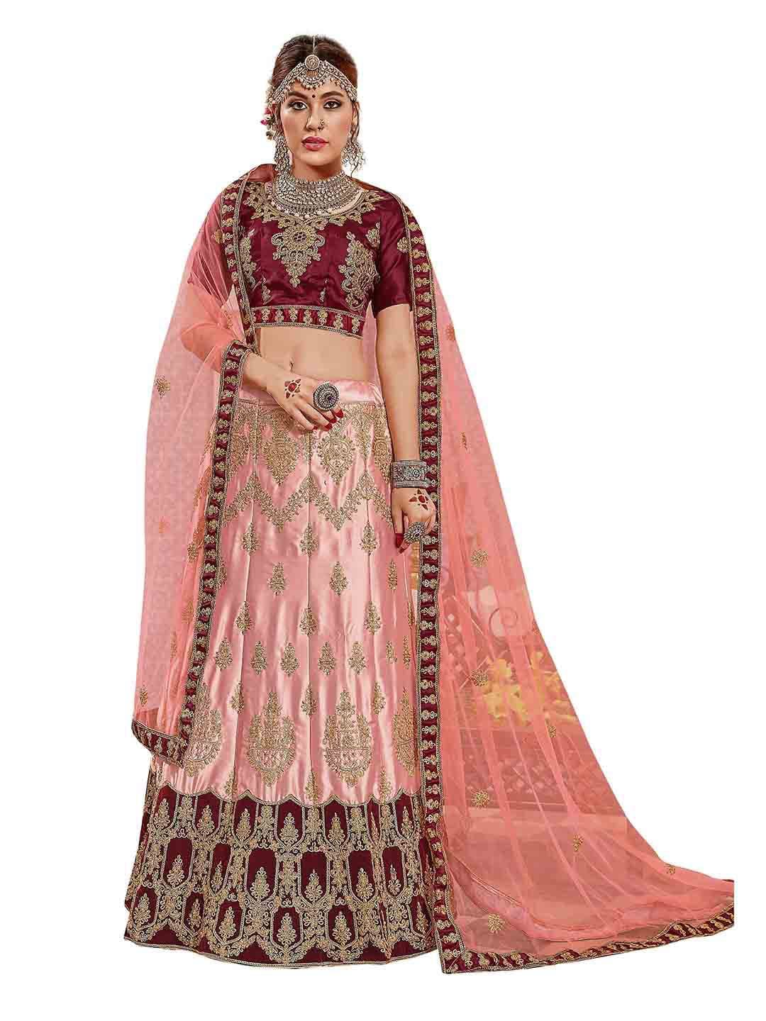 MANVAA Peach-Coloured & Maroon Embroidered Thread Work Semi-Stitched Lehenga & Unstitched Blouse With Dupatta - view 1