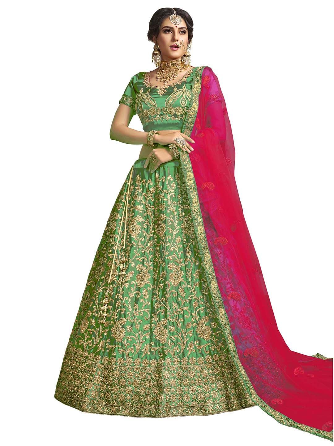 MANVAA Green & Pink Embroidered Thread Work Semi-Stitched Lehenga & Unstitched Blouse With Dupatta - view 1