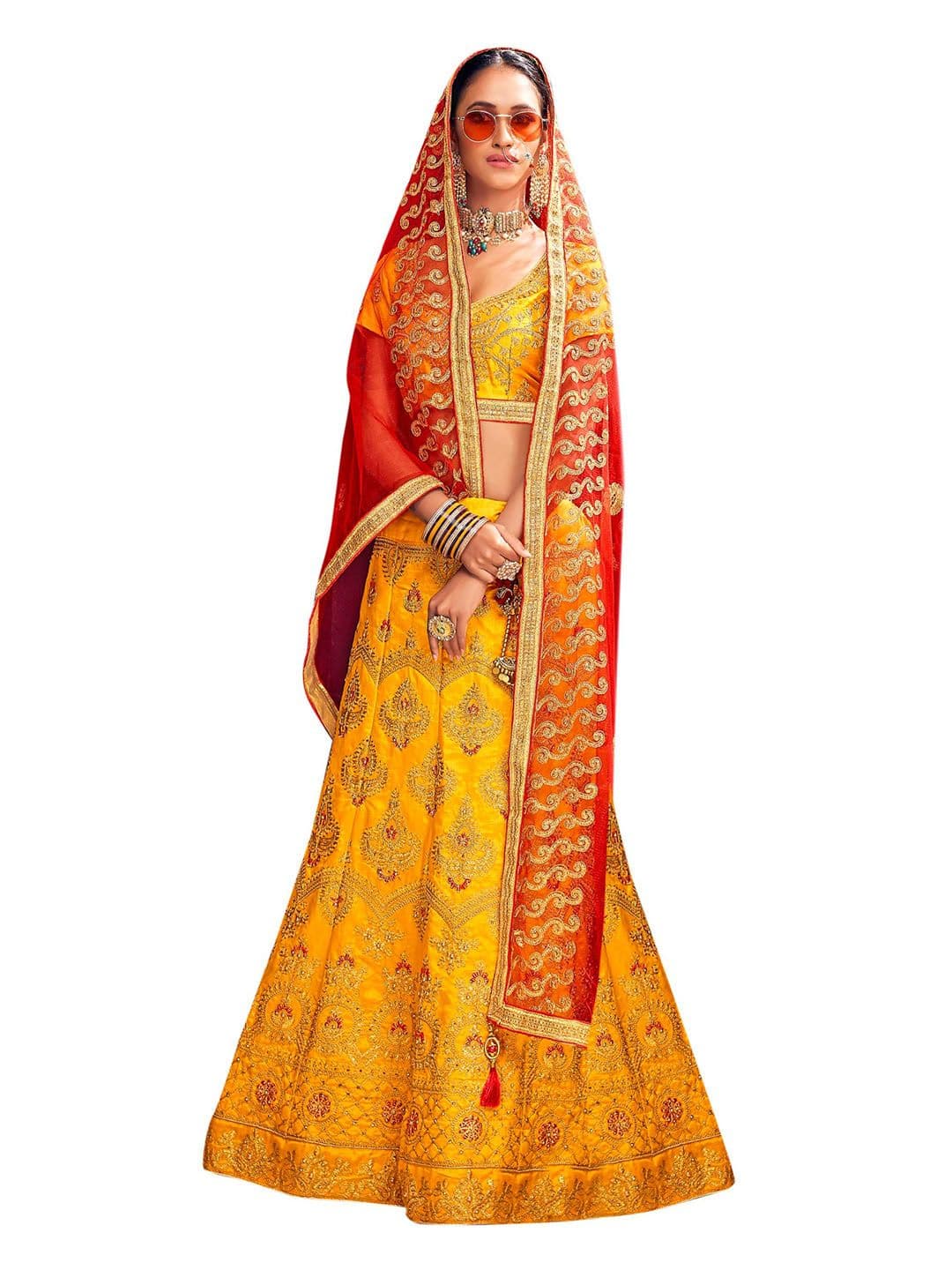 MANVAA Yellow & Red Embroidered Thread Work Semi-Stitched Lehenga & Unstitched Blouse With Dupatta - view 1