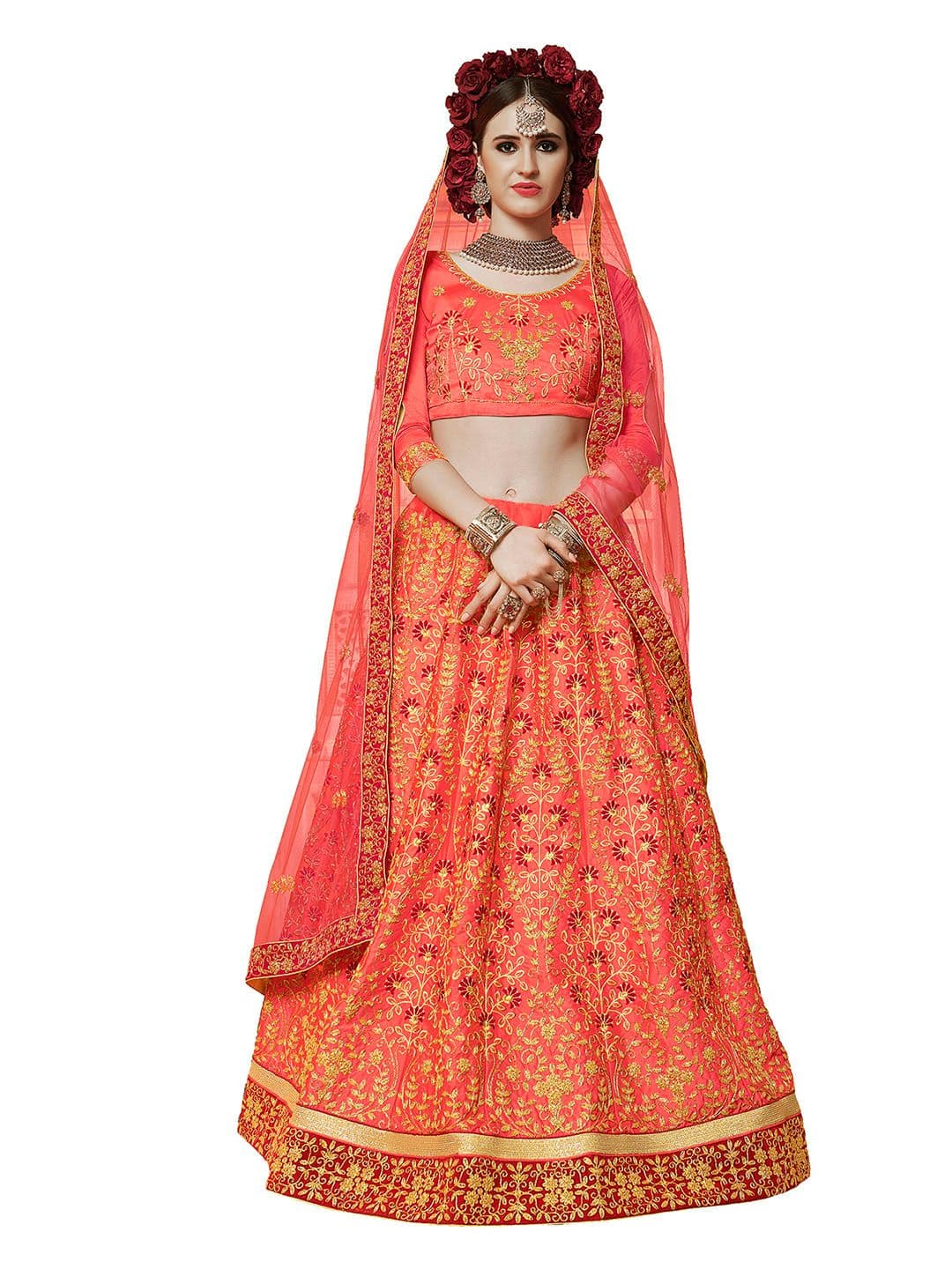 MANVAA Pink & Gold-Toned Embroidered Thread Work Semi-Stitched Lehenga & Unstitched Blouse With Dupatta - view 1