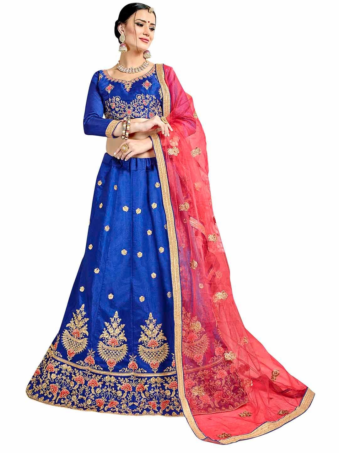 MANVAA Blue & Red Embroidered Thread Work Semi-Stitched Lehenga & Unstitched Blouse With Dupatta - view 1