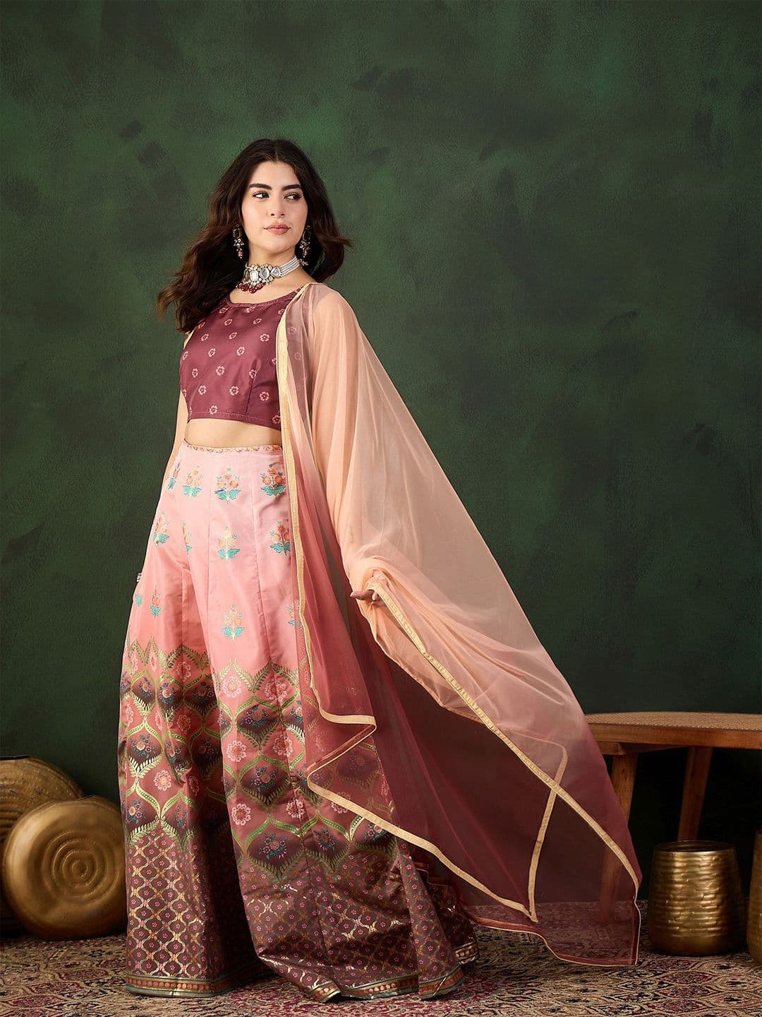 Sangria Placement Printed & Woven Design Jacquard Lehenga With Choli & Dupatta - view 1