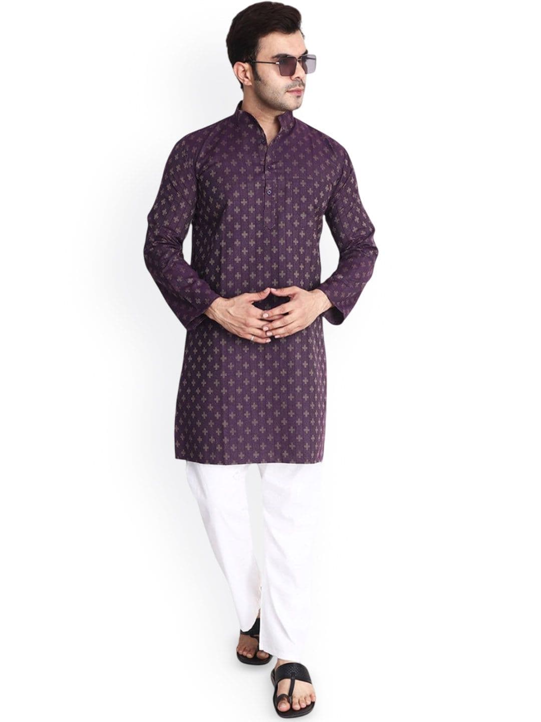Aaryavar Geometric Woven Design Mandarin Collar Long Sleeves Cotton Straight Kurta - view 1