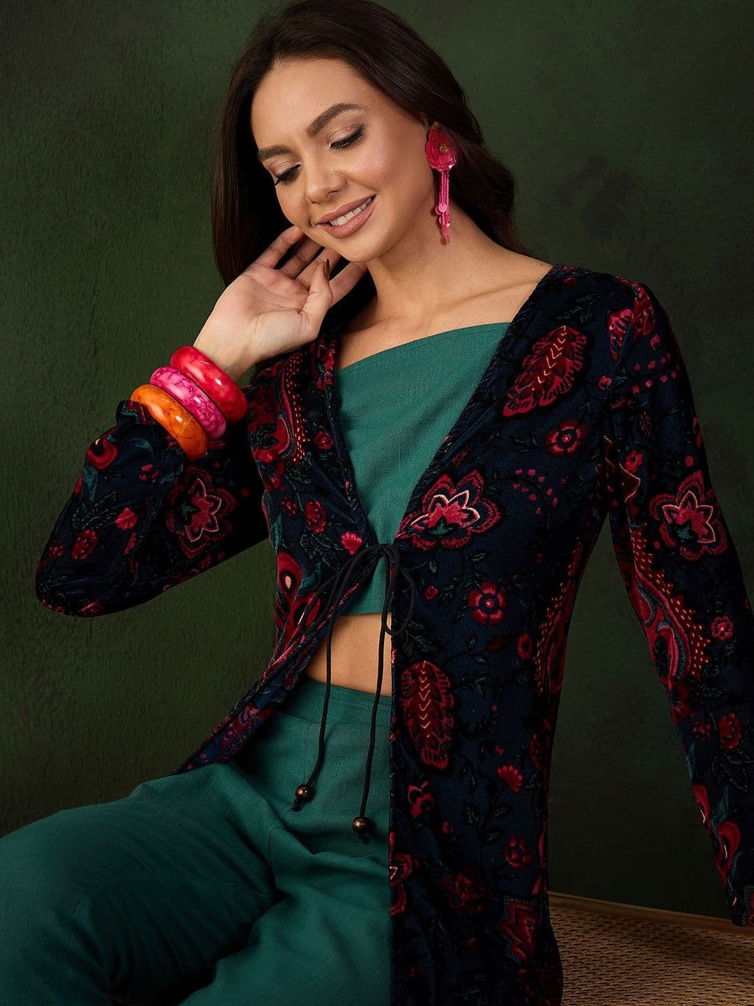 Sangria Printed Long Sleeve Shrug Top & Trouser Co-Ords - view 1