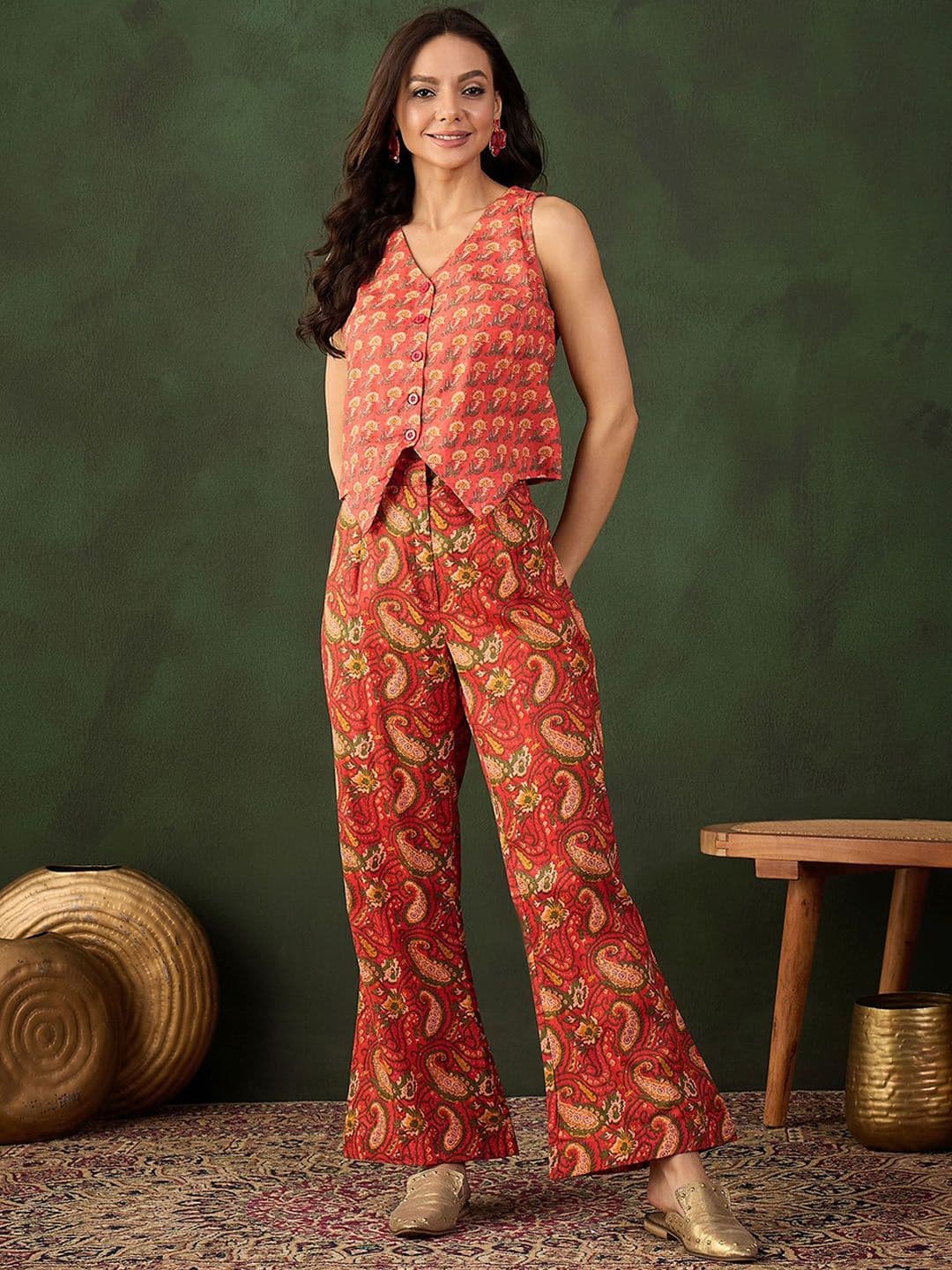 Sangria Printed Pure Cotton Coat With Palazzo Co-Ords - view 1