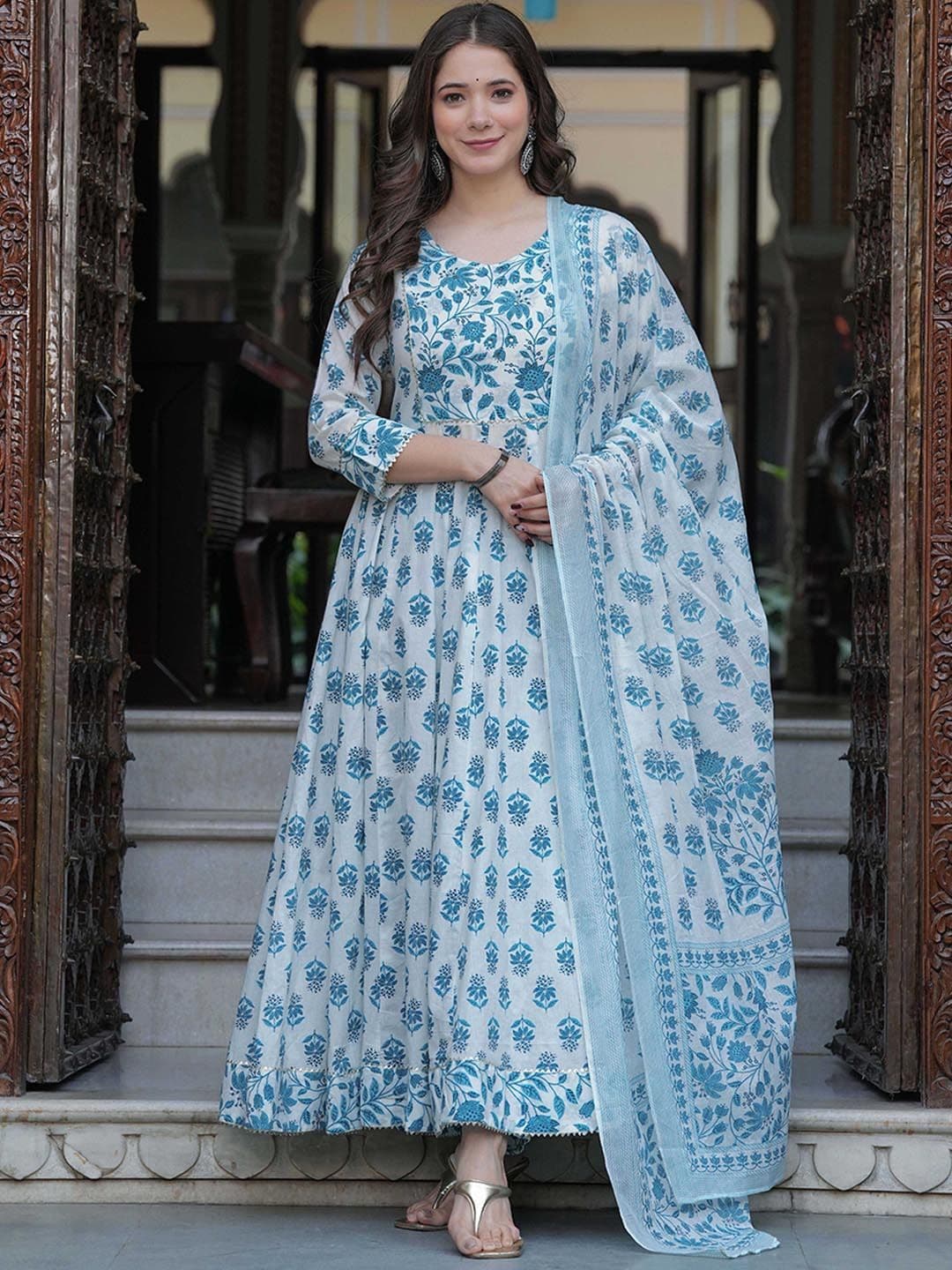Mizaz Women Floral Printed Layered Mirror Work Pure Cotton Kurta with Trousers & With Dupatta - view 1