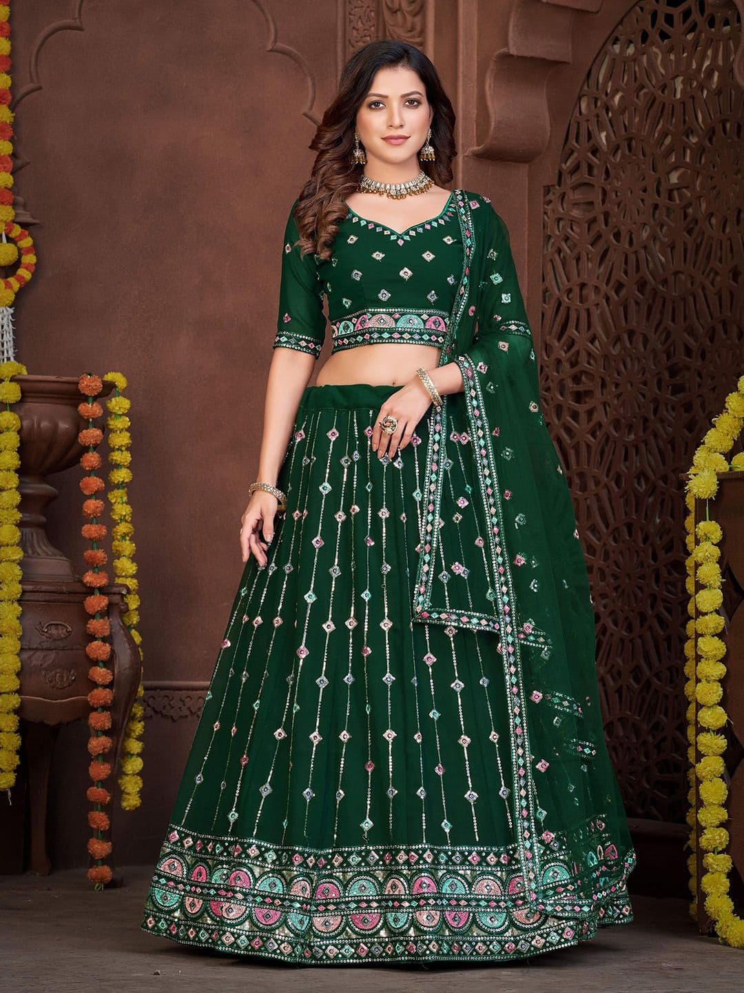 Warthy Ent Embroidered Thread Work Semi-Stitched Lehenga & Unstitched Blouse With Dupatta - view 1