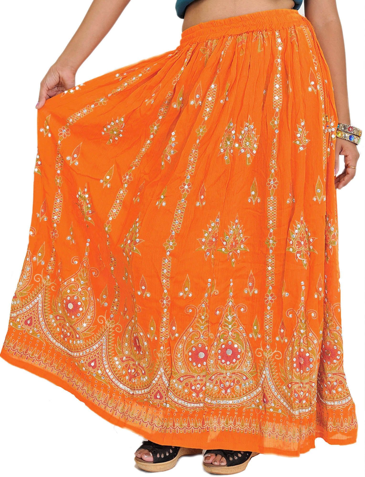 Exotic India Paradise-Bird Long Skirt With Printed Flowers and Embroidered Sequins - view 1