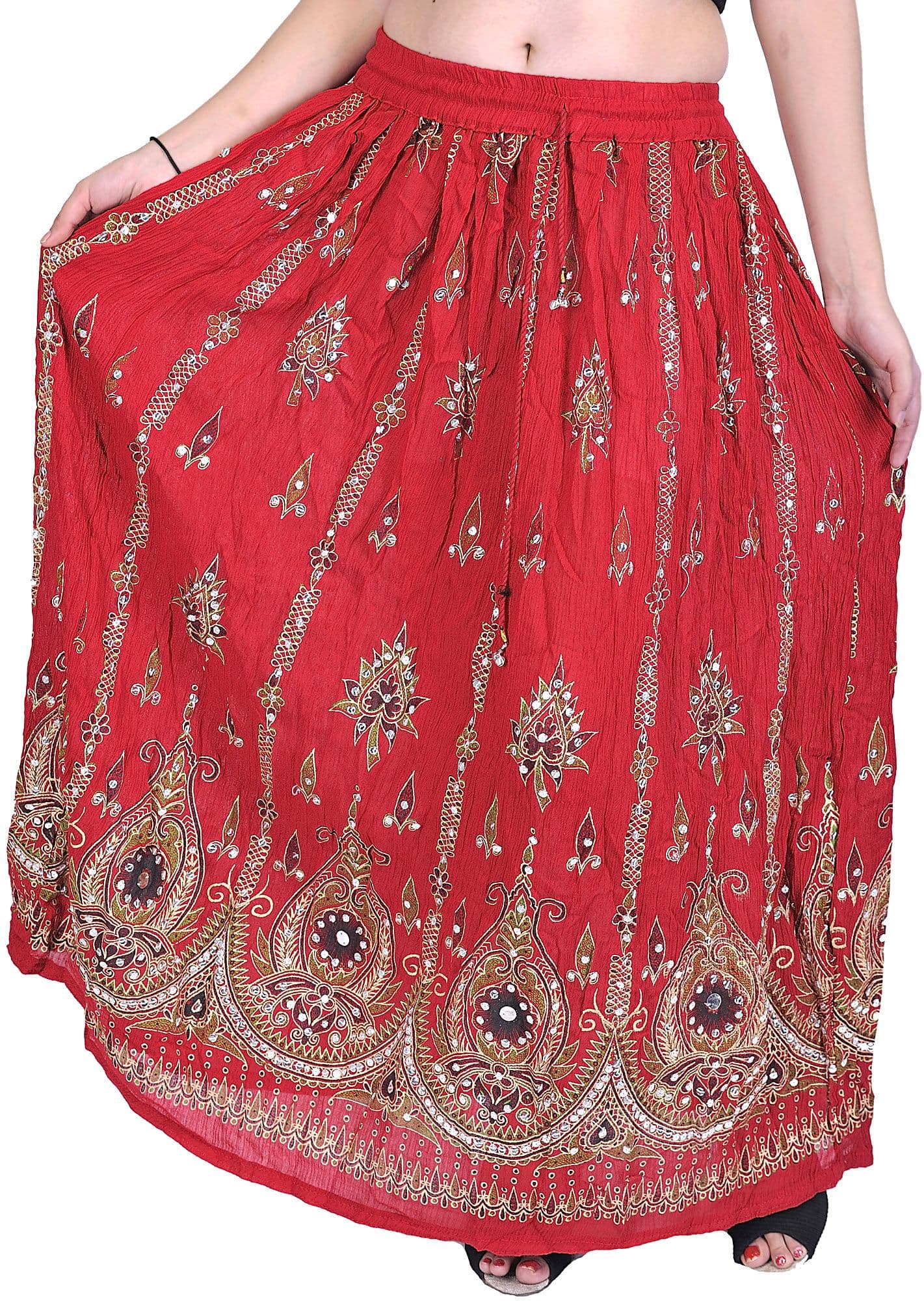 Exotic India Mars-Red Long Skirt With Printed Flowers and Embroidered Sequins - view 1