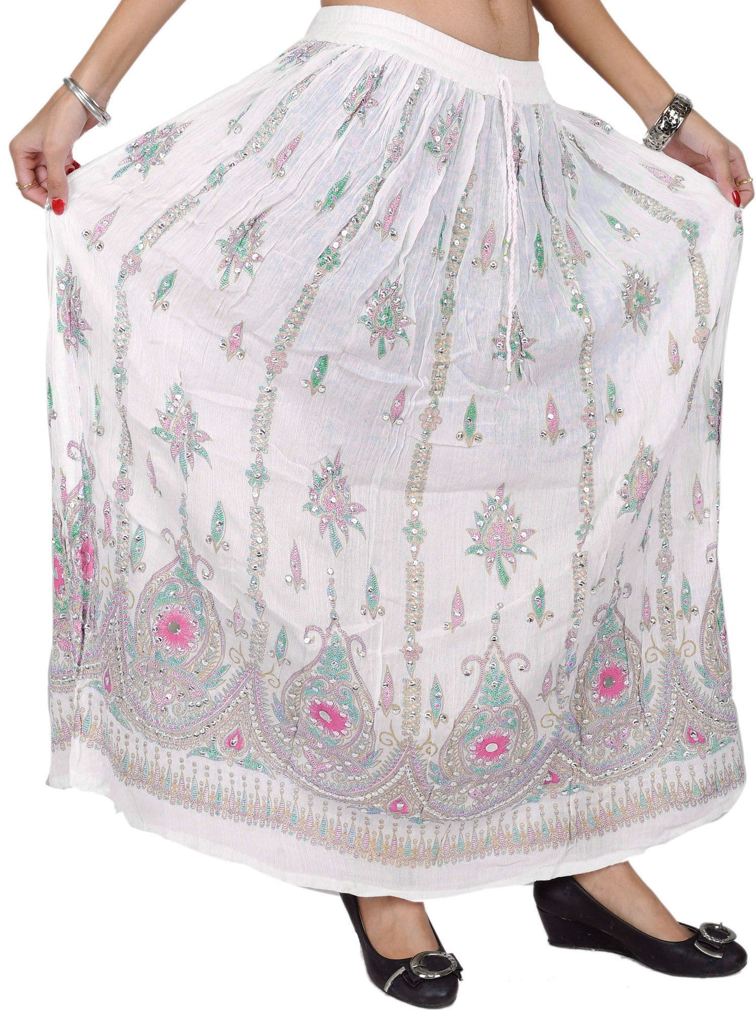 Exotic India Ivory Long Skirt With Printed Flowers and Embroidered Sequins - view 1