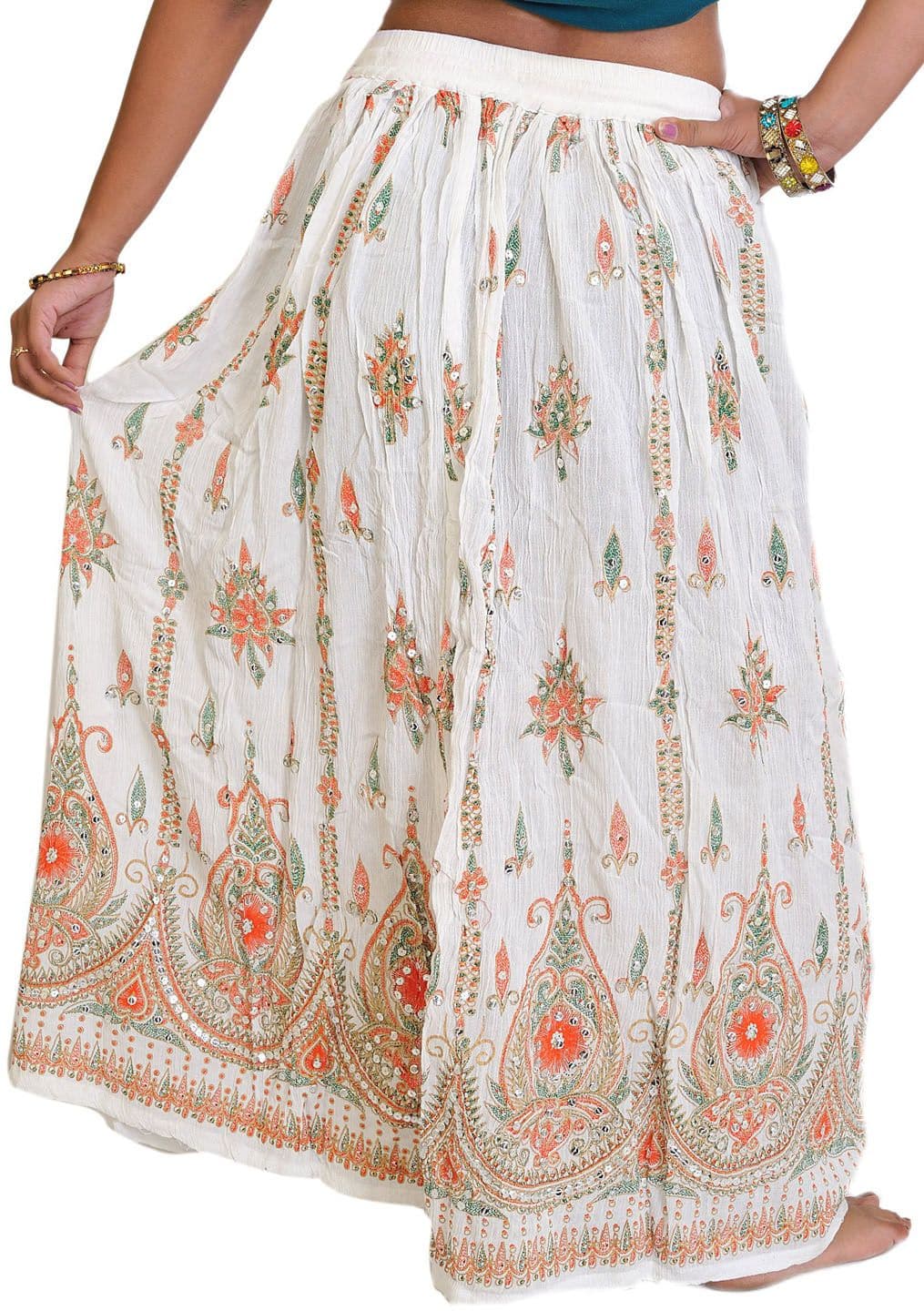 Exotic India White Long Skirt With Printed Flowers and Embroidered Sequins - view 1