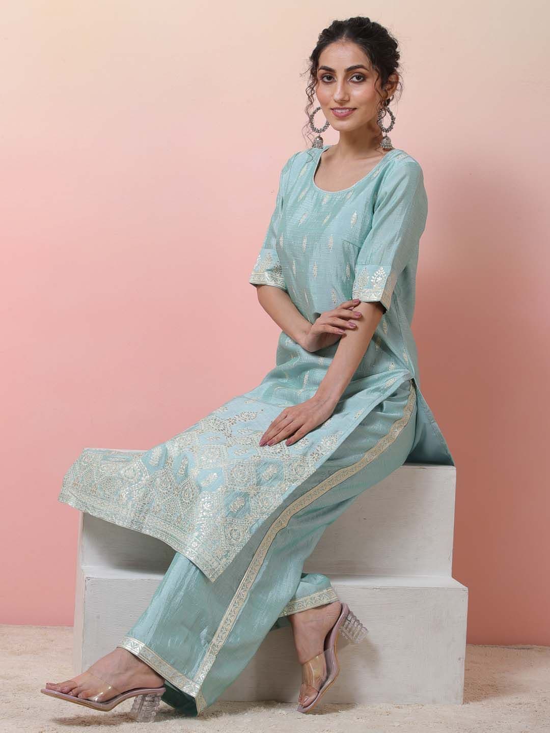 Sangria Blue Ethnic Motifs Embroidered Chanderi Silk Straight Kurta With Palazzo - view 1