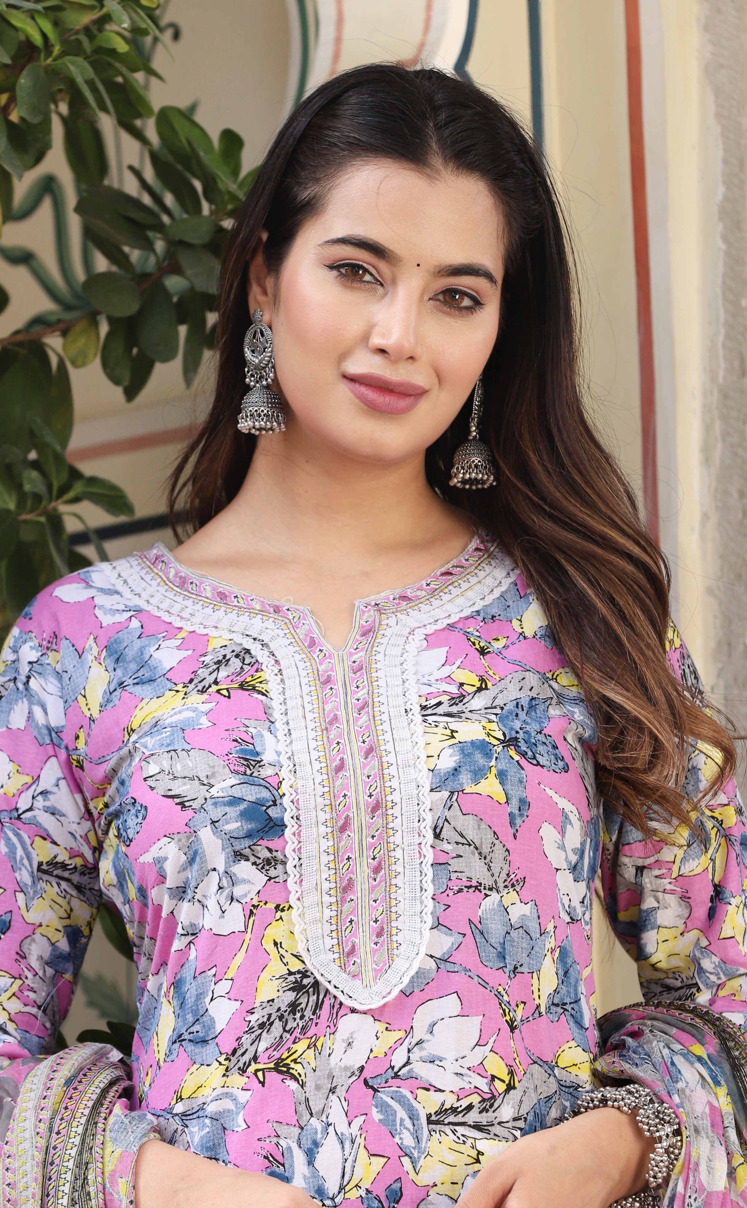 SINGNI Floral Printed Notch Neck Pure Cotton Straight Kurta With Trousers & Dupatta - view 1
