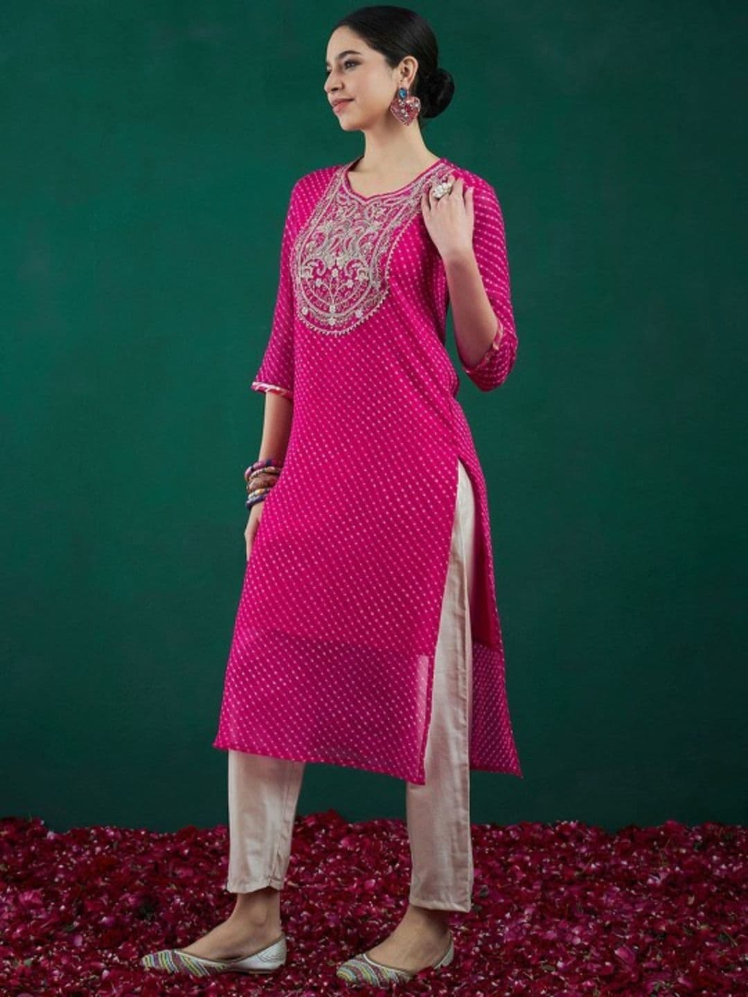 Tulip Eden Leheriya Printed Sweetheart Neck Regular Thread Work Georgette Straight Kurta - view 1