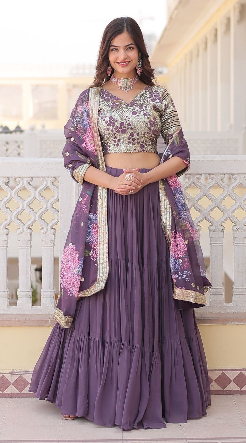 KALINI Embroidered Beads and Stones Semi-Stitched Lehenga & Unstitched Blouse With Dupatta - view 1