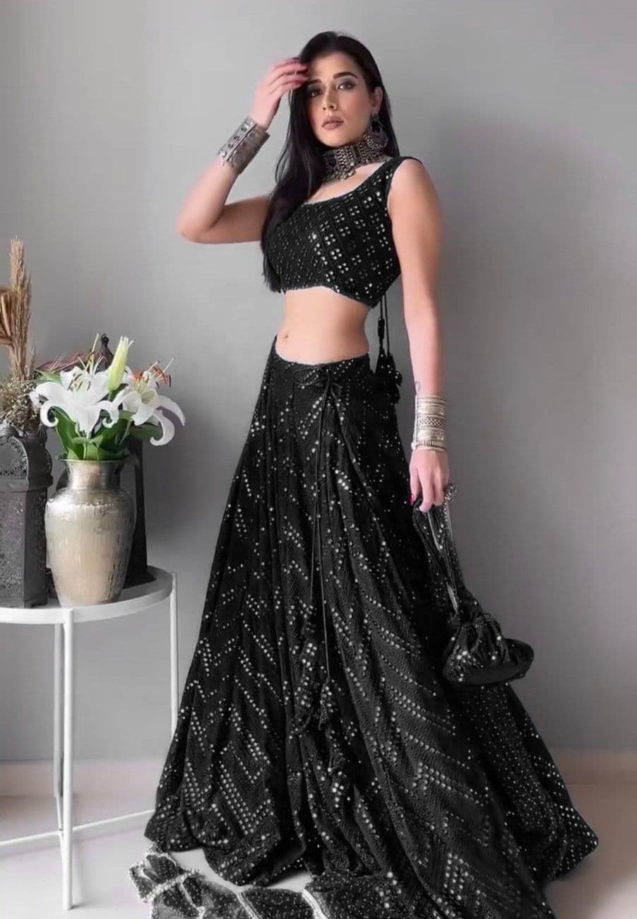 Cute fellow Embroidered Sequinned Semi-Stitched Lehenga & Unstitched Blouse With Dupatta - view 1