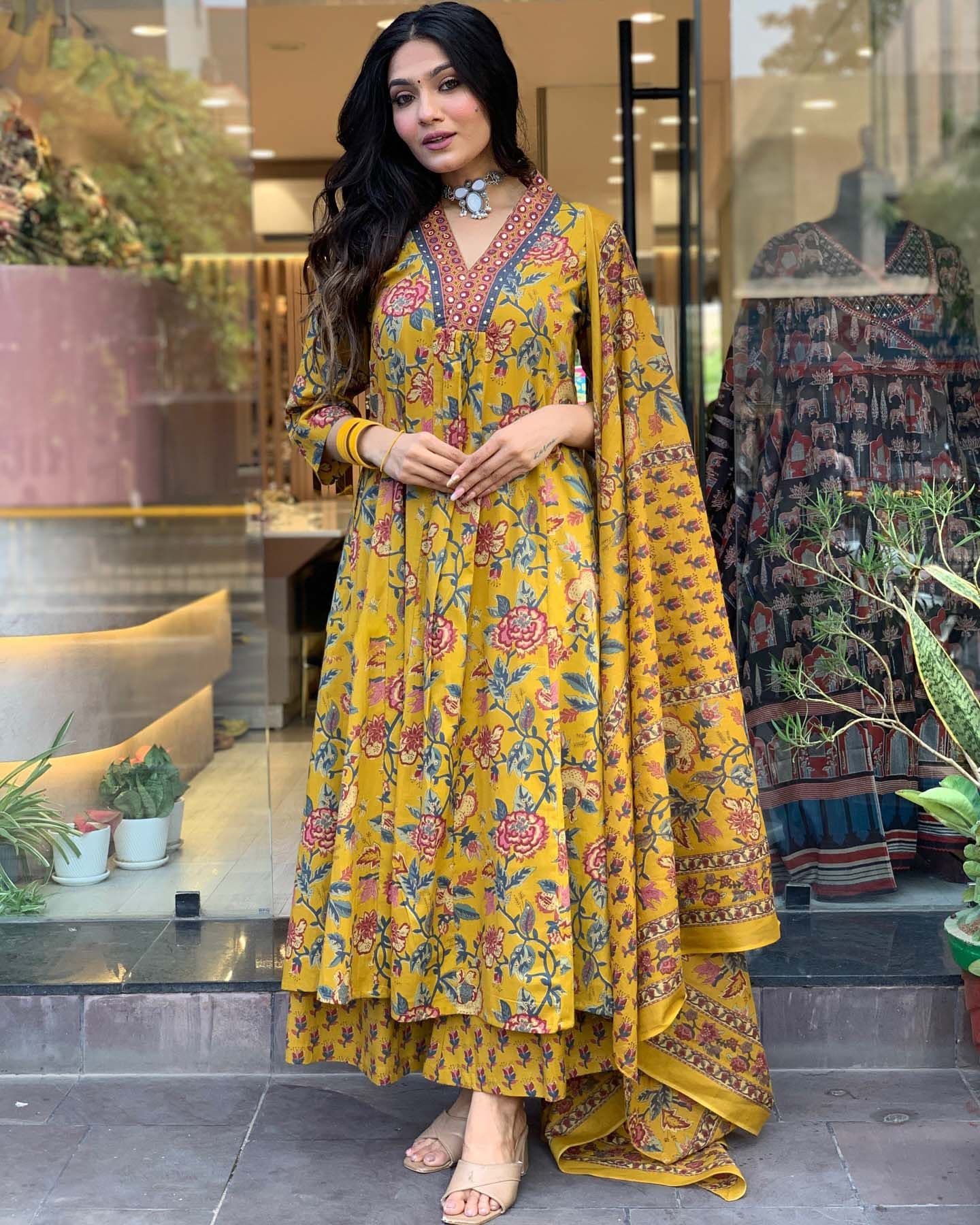 GoSriKi Women Floral Printed V-Neck Anarkali Kurta with Palazzos & With Dupatta - view 1