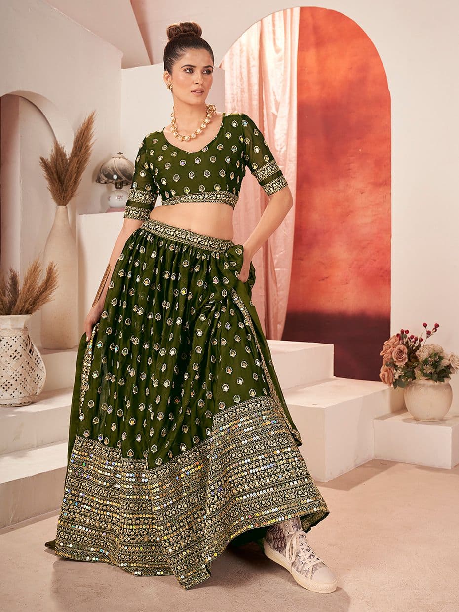 SHOPGARB Embroidered Sequinned Semi-Stitched Lehenga & Unstitched Blouse With Dupatta - view 1