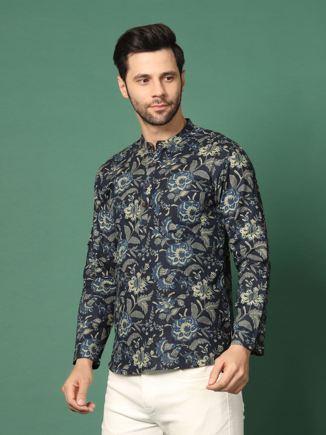 Sangria X fwd Navy Blue Floral Printed Band Collar Regular Pure Cotton Straight Kurta - view 1