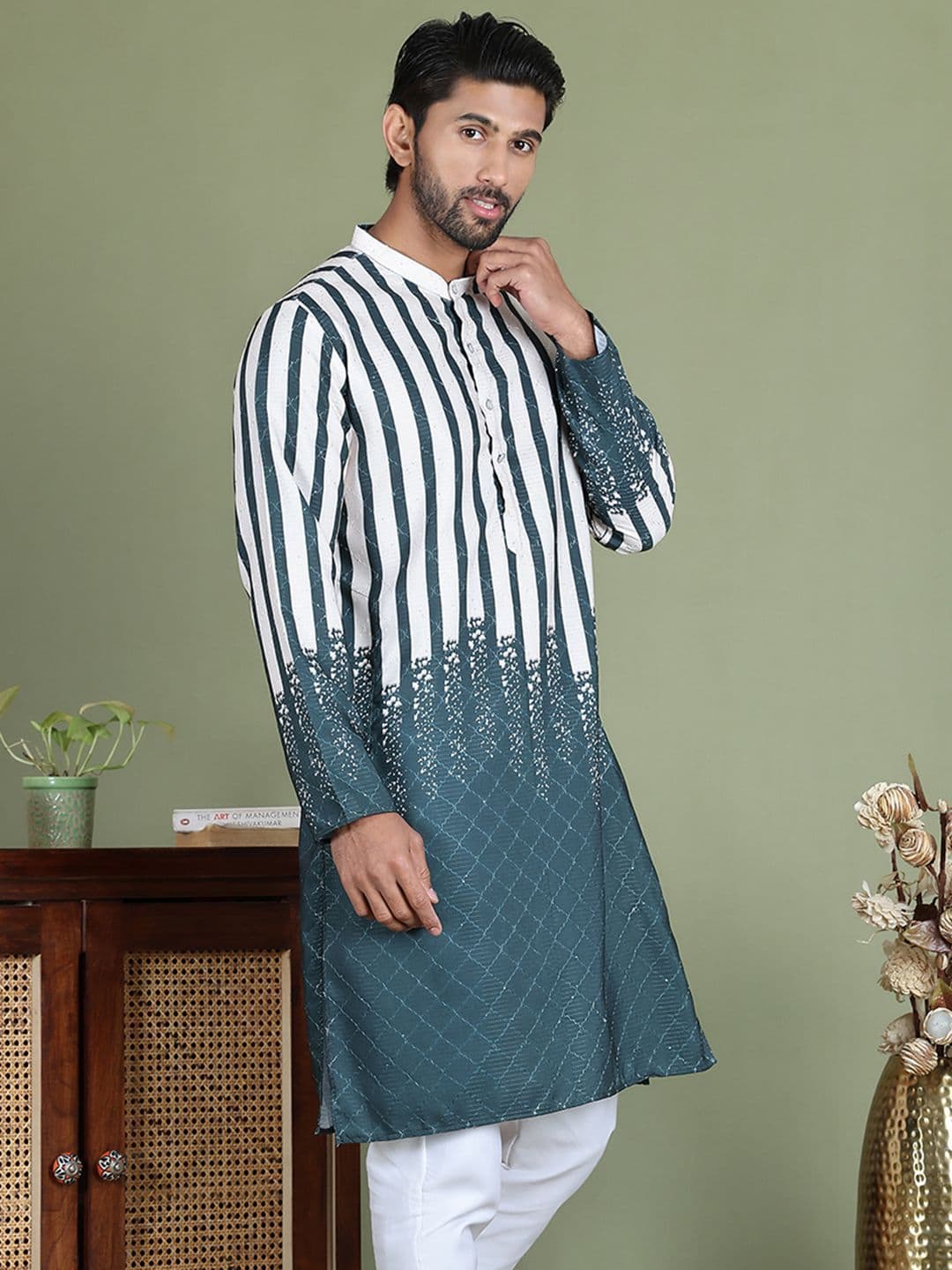 Jompers Striped Printed Band Collar Sequenned Straight Kurta - view 1