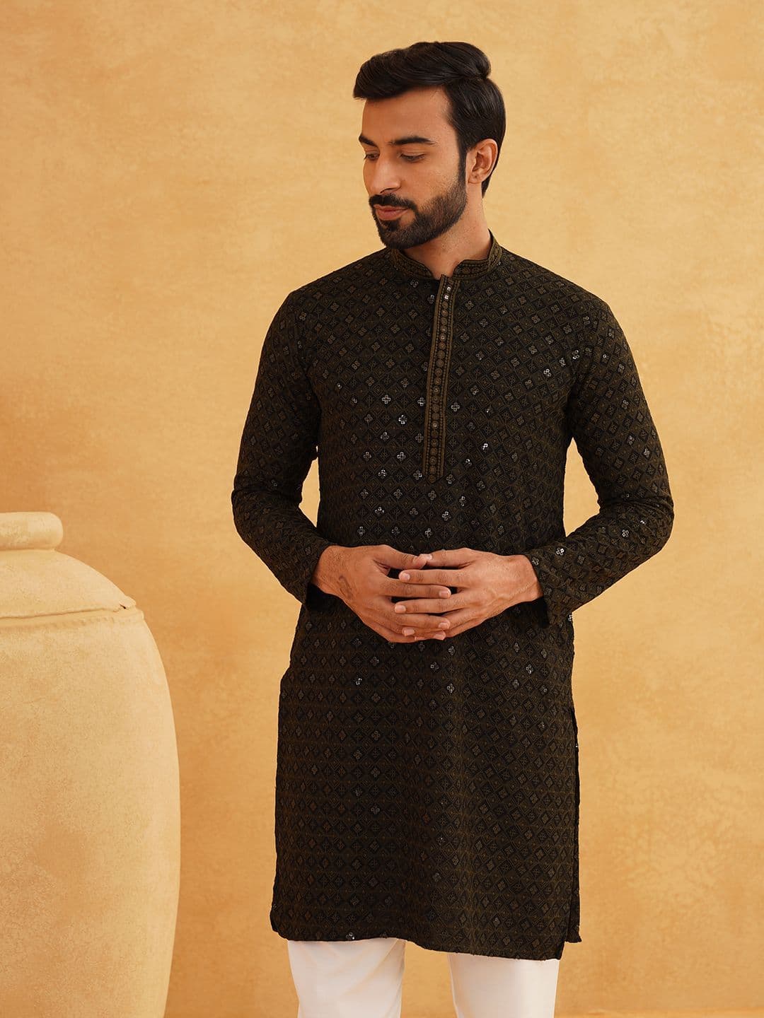 SOJANYA Geometric Sequinned Mandarin Collar Pure Cotton Straight Long Kurta - view 1