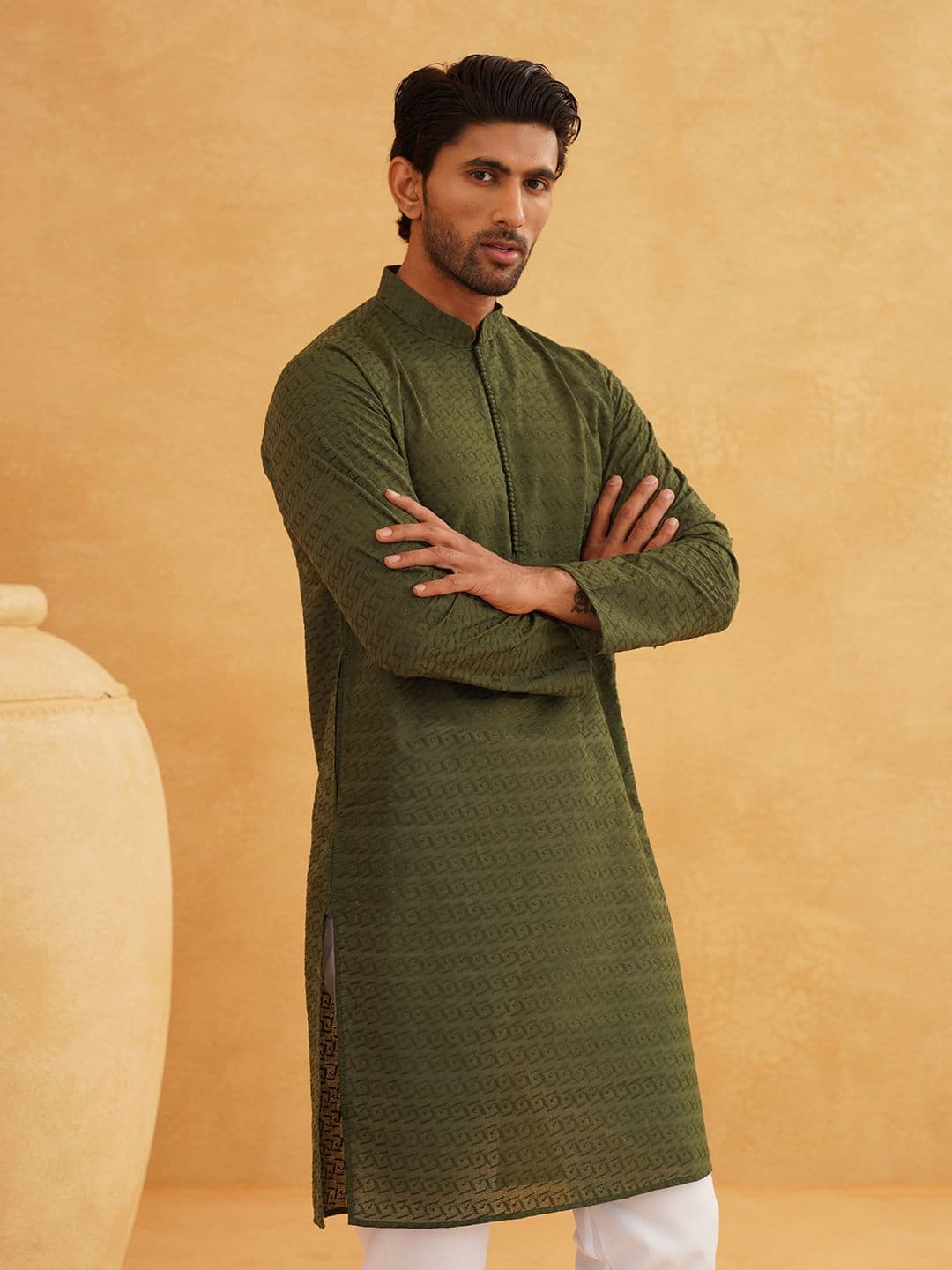 SOJANYA Geometric Embroidered Mandarin Collar Pure Cotton Straight Kurta - view 1