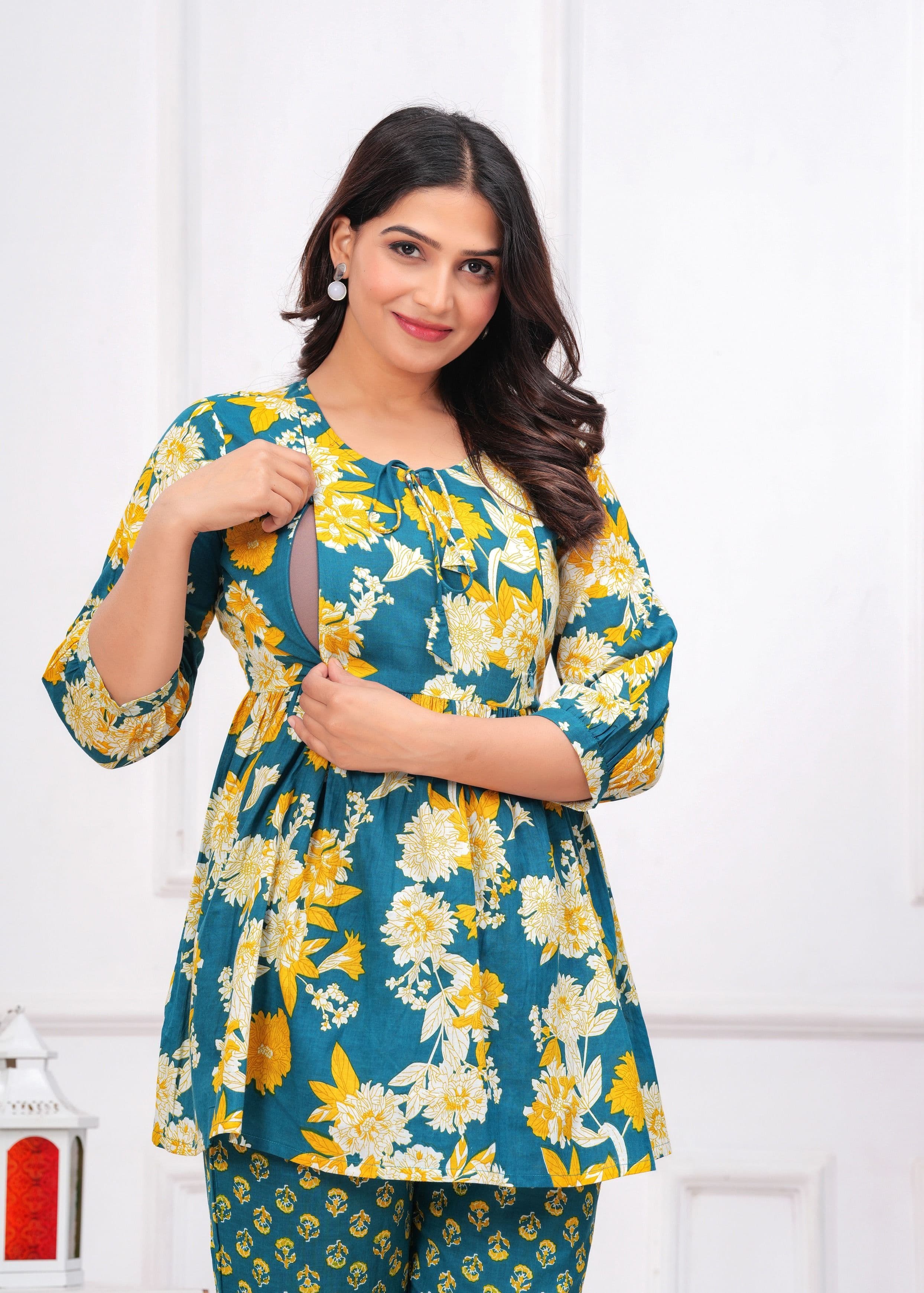 CELEBRAVO Floral Printed Maternity Pure Cotton Kurta With Trousers - view 1