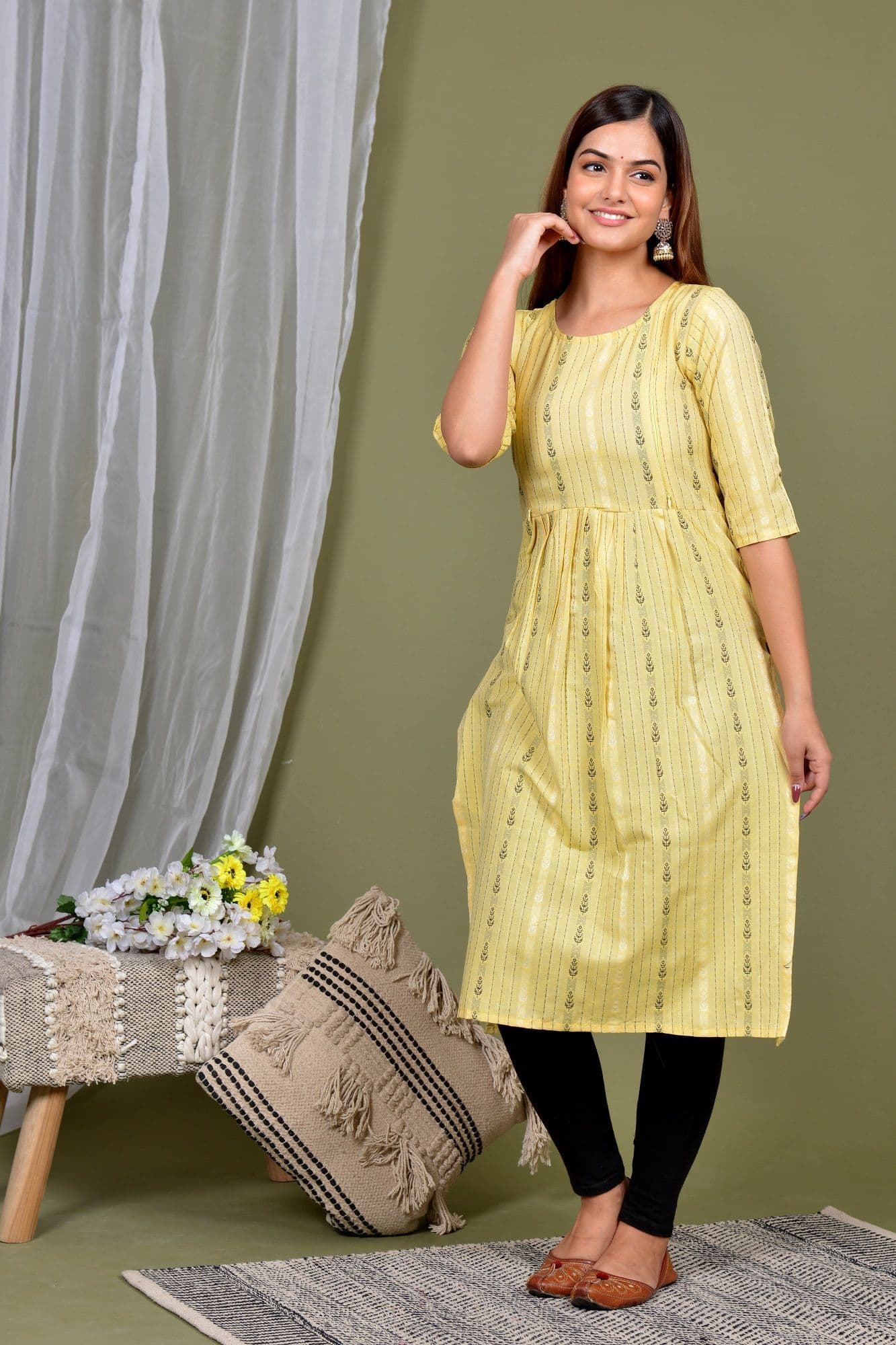 Lerkiza Ethnic Motif Woven Design Round Neck Anarkali A-Line Pure Cotton Maternity Kurta - view 1