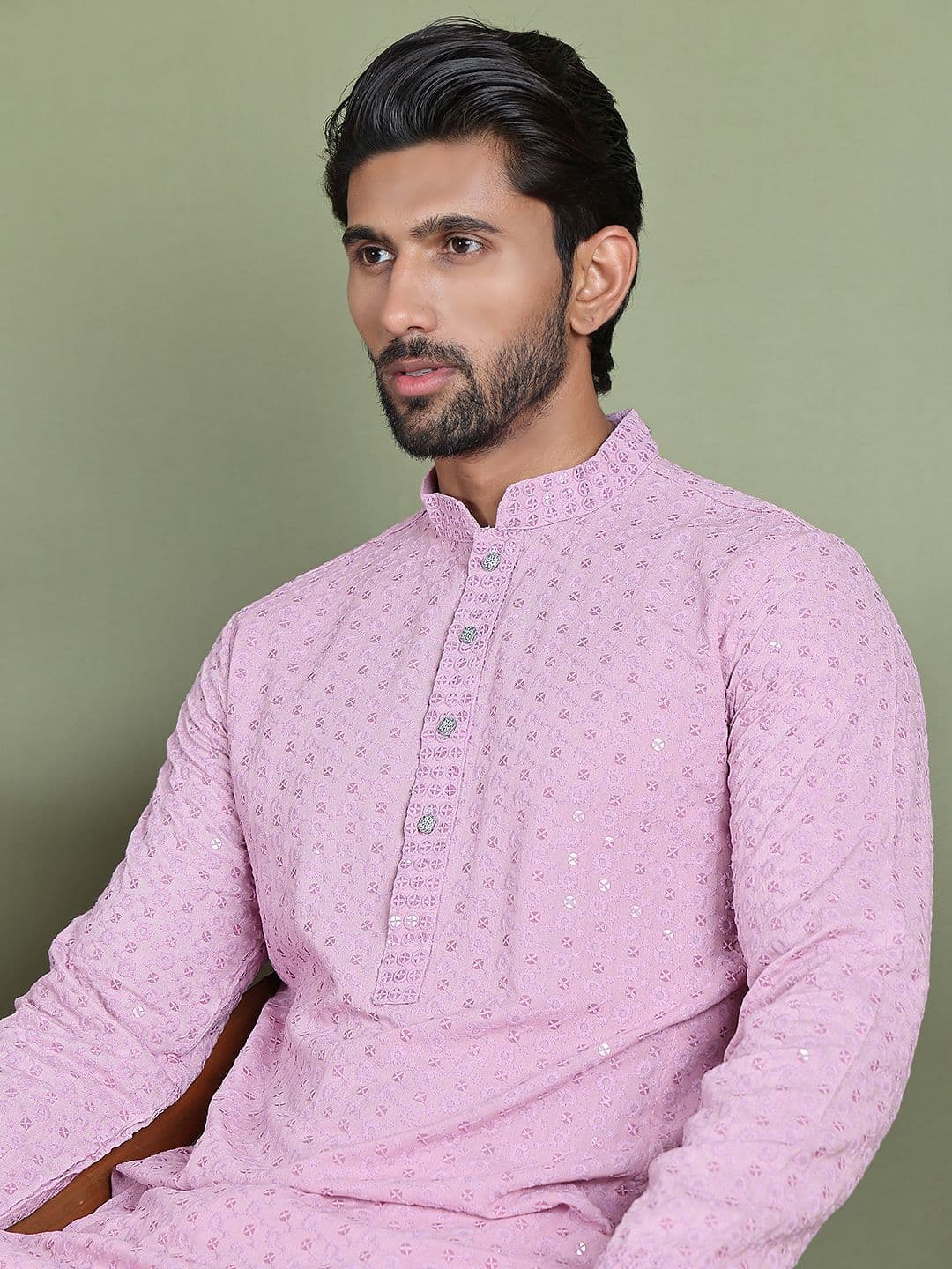 Jompers Floral Embroidered Sequinned Mandarin Collar Pure Cotton Straight Kurta - view 1