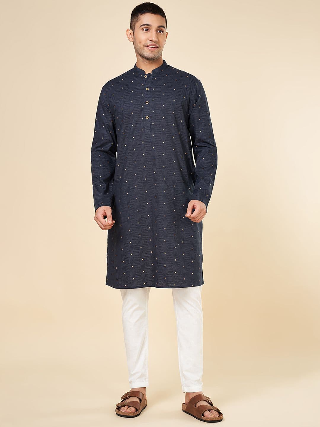 indus route by Pantaloons Geometric Printed Mandarin Collar Pure Cotton Straight Kurta - view 1