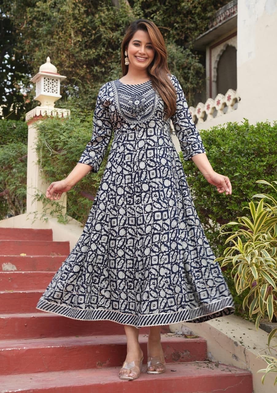 DARVIKAA COLLECTION Geometric Printed Panelled Mirror Work Anarkali Kurta - view 1