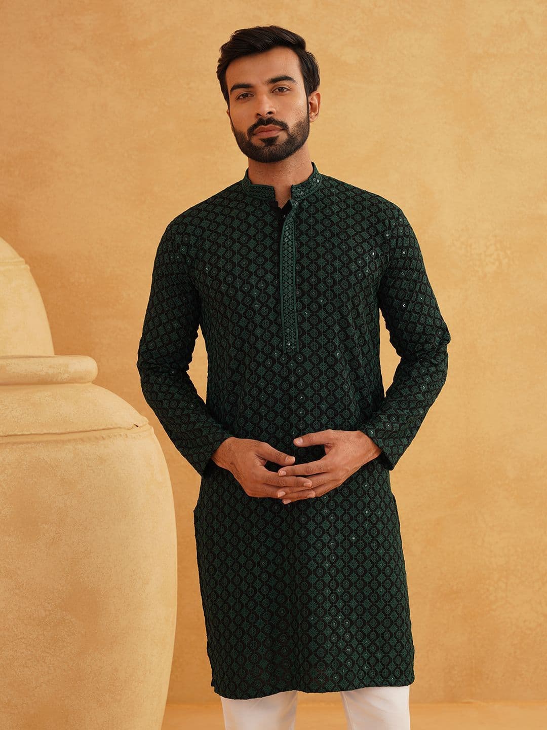 SOJANYA Floral Sequinned Mandarin Collar Pure Cotton Straight Long Republic Day Republic Day Kurta - view 1