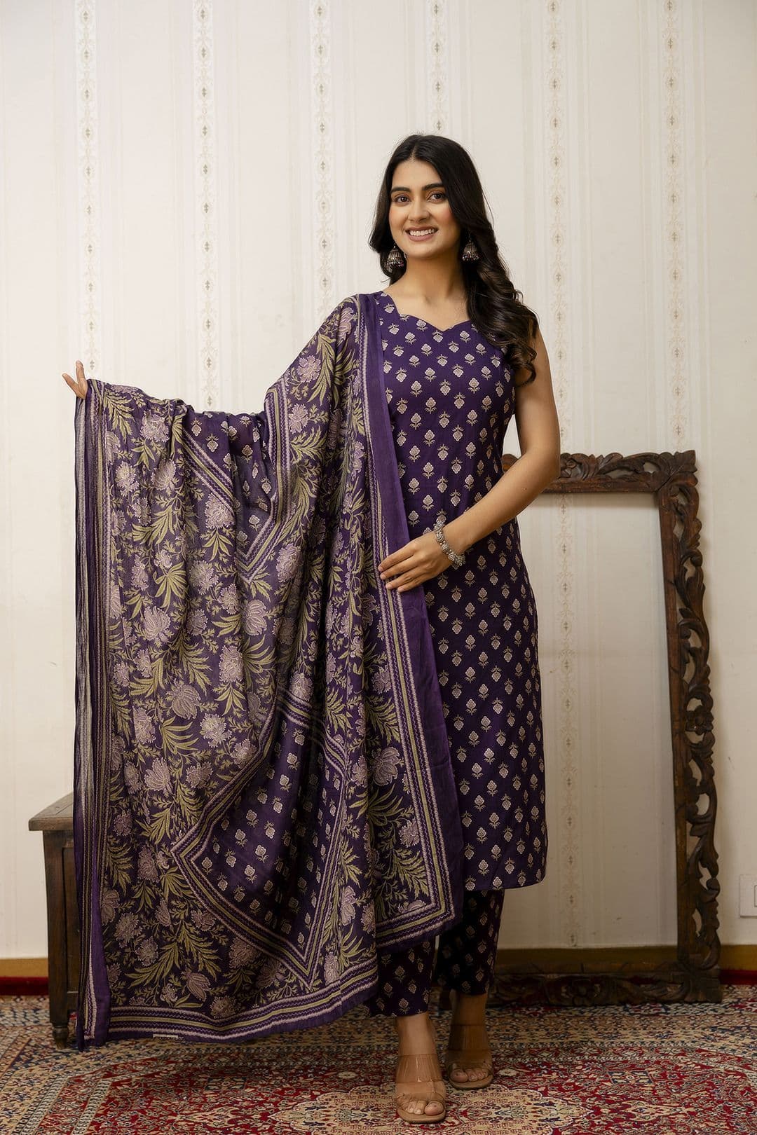 Nayo Floral Printed Sweet Heart Neck Straight Pure Cotton Kurta With Trousers And Dupatta - view 1
