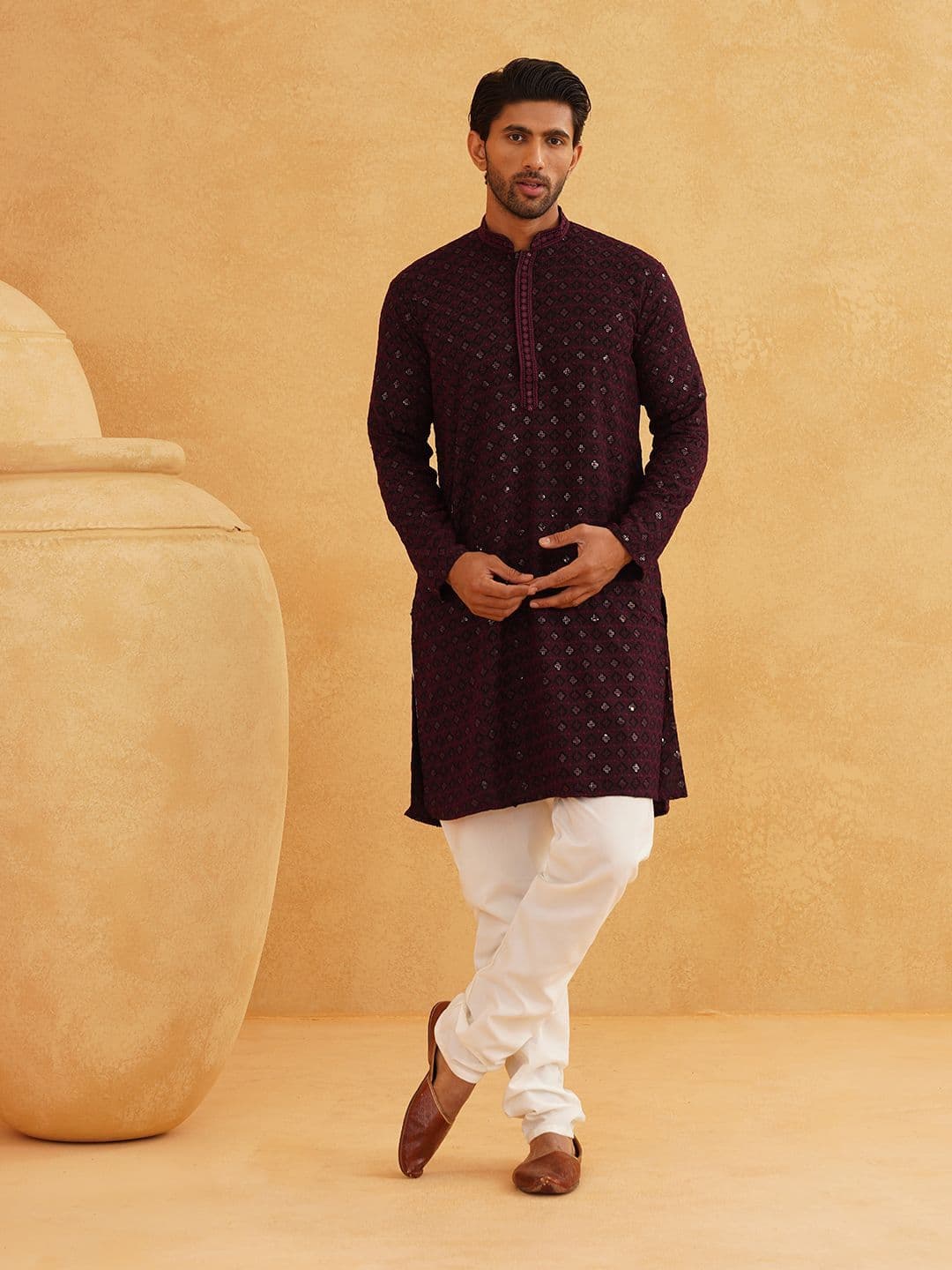 SOJANYA Ethnic Motifs Embroidered Mandarin Collar Sequinned Pure Cotton Straight Kurta - view 1