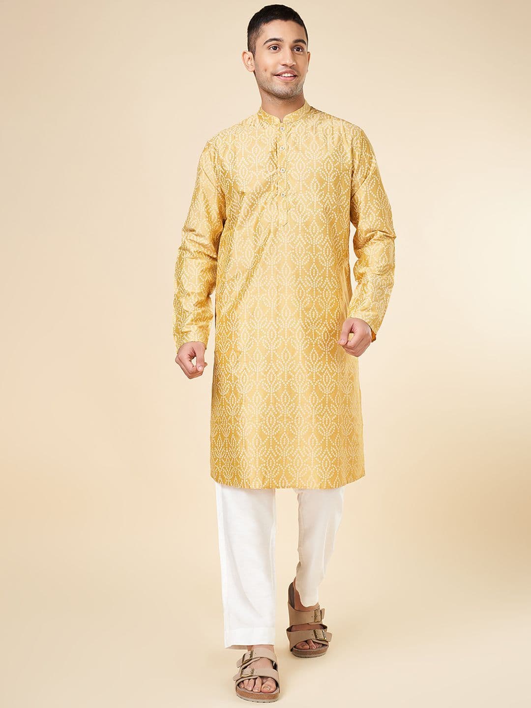 indus route by Pantaloons Bandhani Printed Mandarin Collar Straight Kurta - view 1