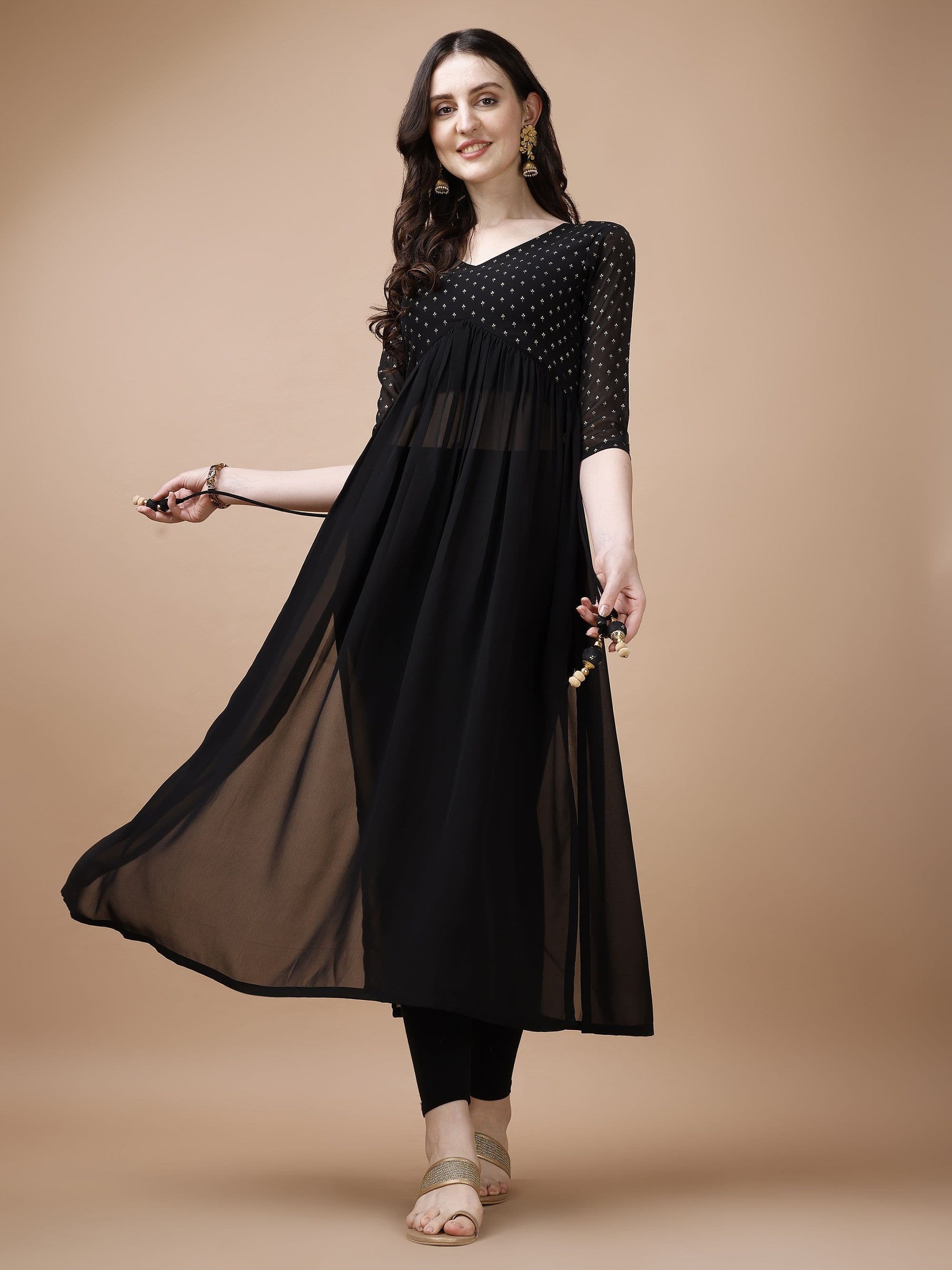 Glomee Floral Yoke Design Thread Work Georgette A-Line Kurta - view 1