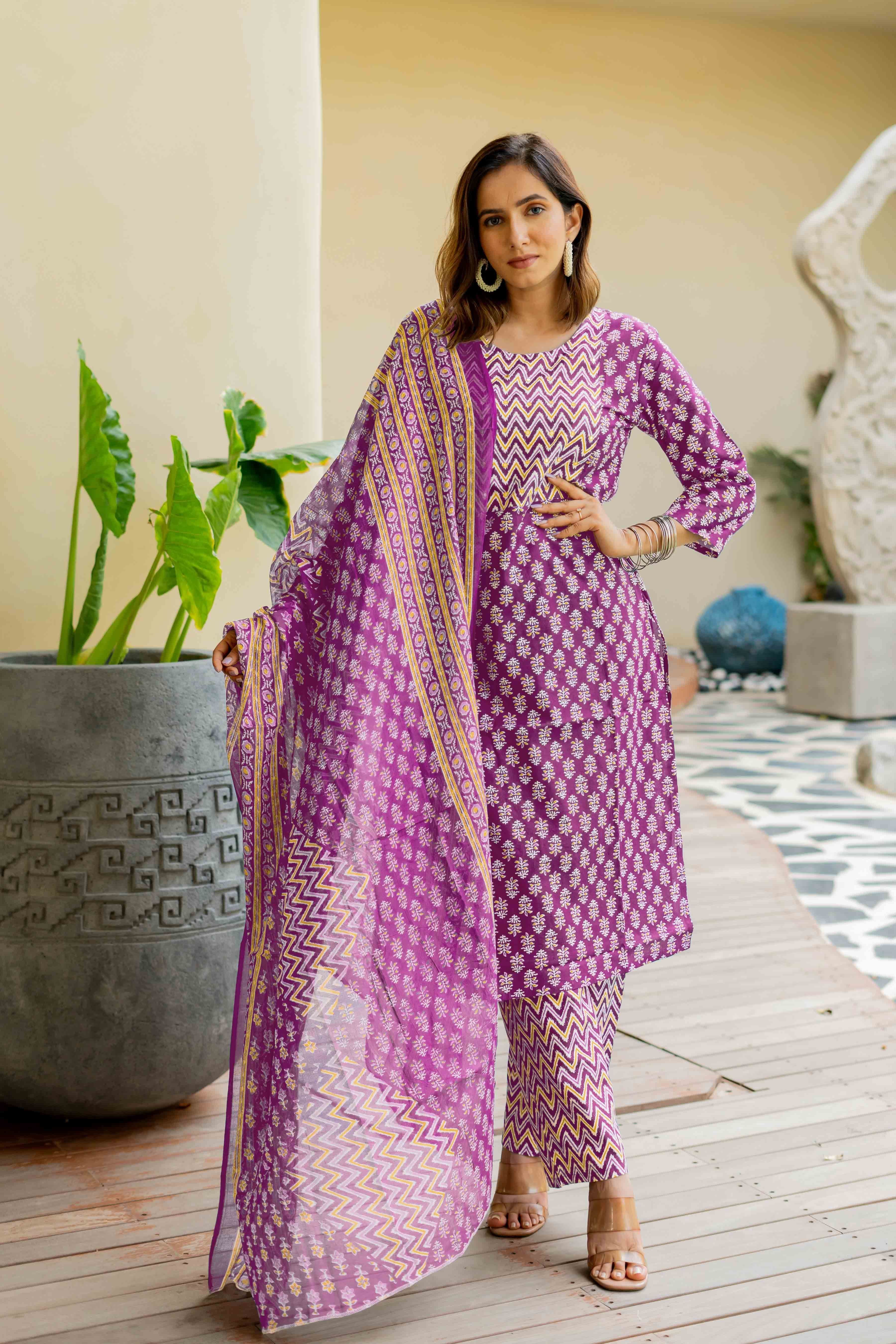 KALINI Floral Printed Round Neck Mirror Work Pure Cotton Kurta With Trousers & Dupatta - view 1