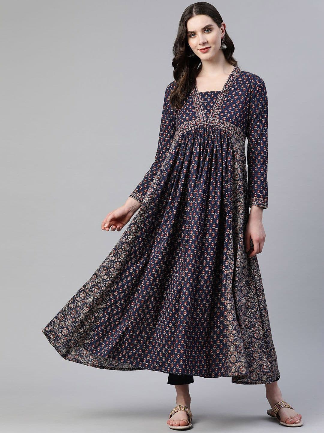 Vbuyz Floral Printed Square Neck Three-Quarter Sleeves Empire Pure Cotton Anarkali Kurta - view 1