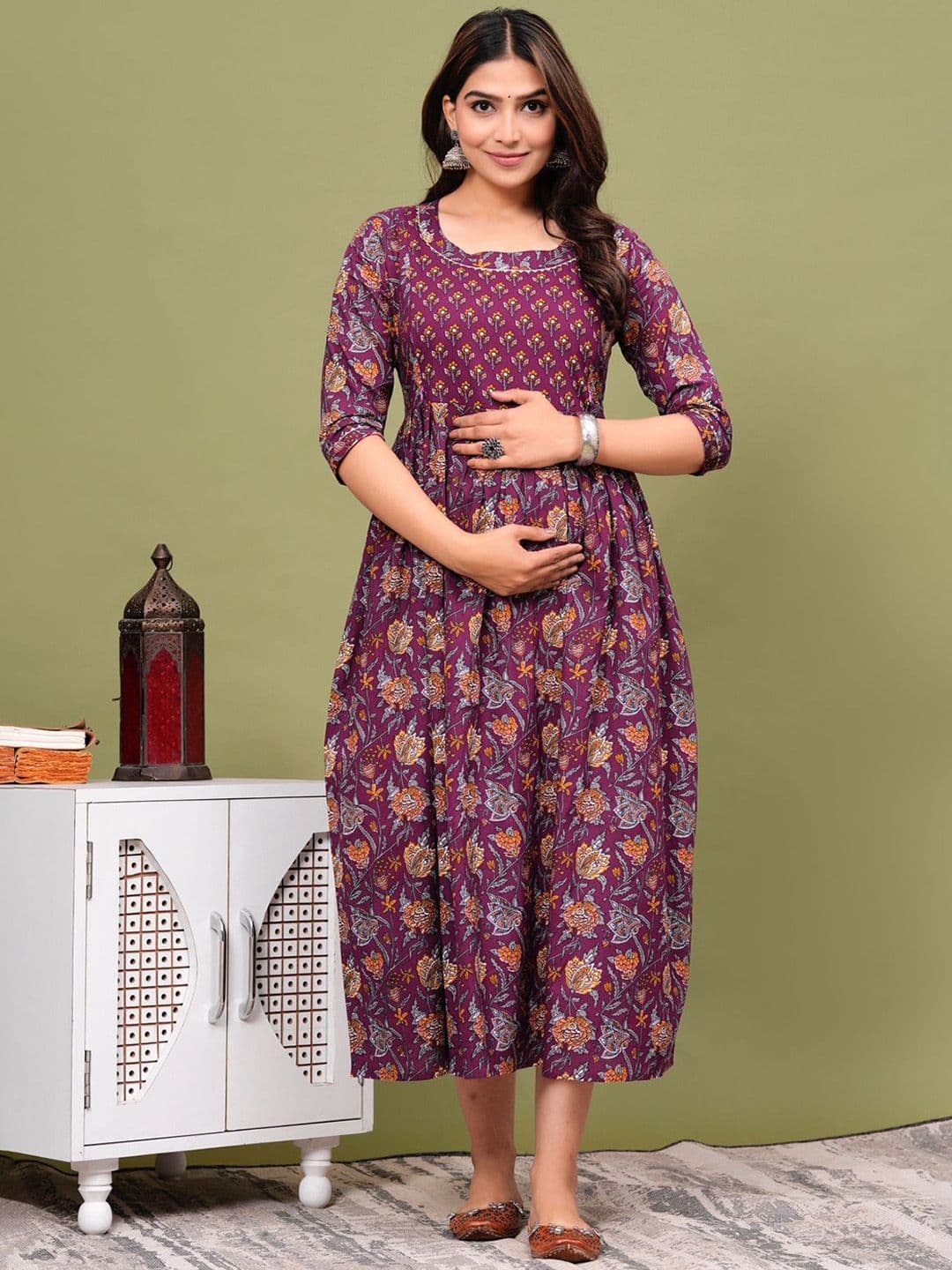 NITVAN Women Floral Checked Gotta Patti Maternity Kurta - view 1