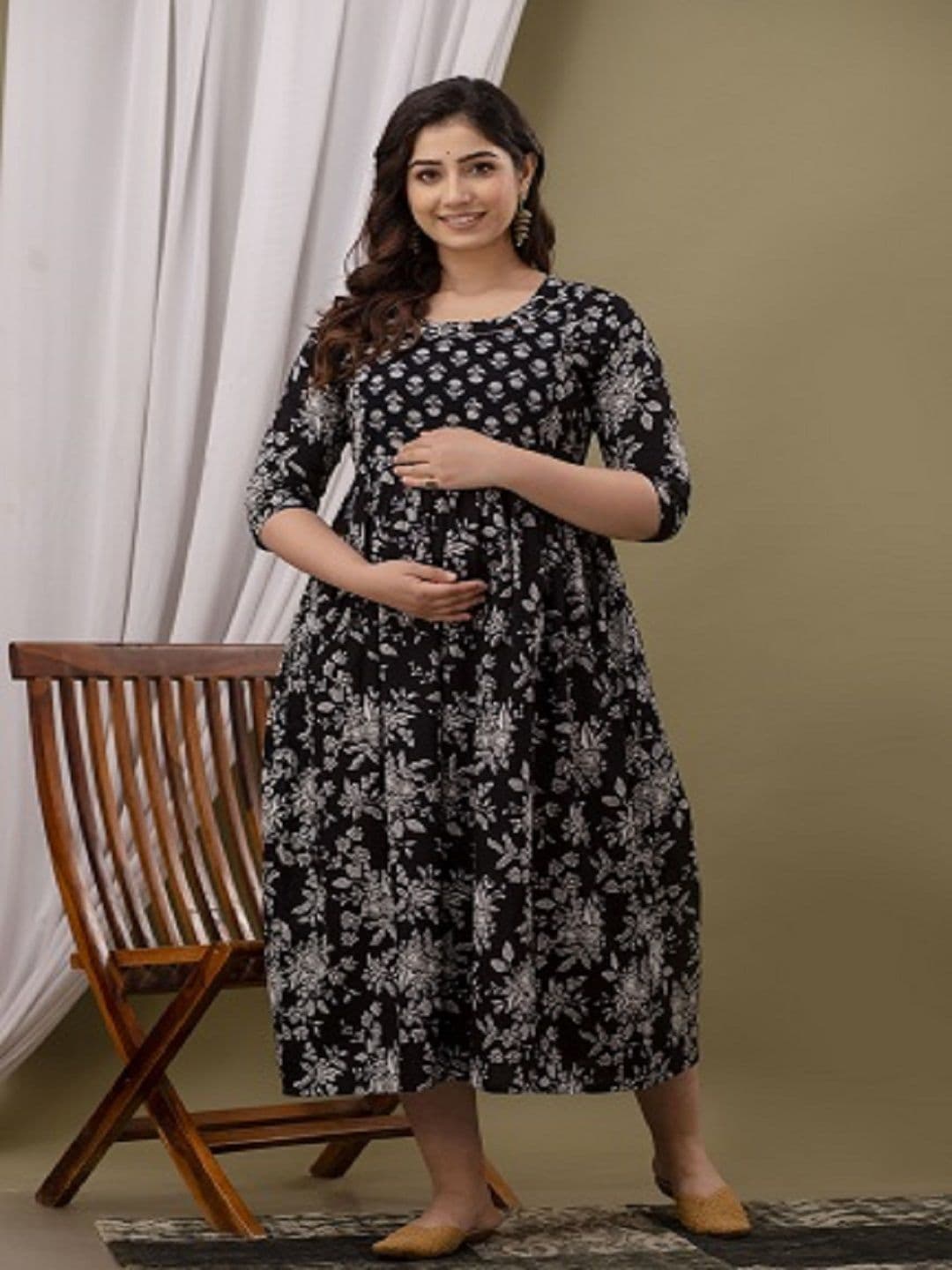 Nevisha Style Floral Printed Round Neck Gotta Patti Maternity Cotton Anarkali Kurta - view 1