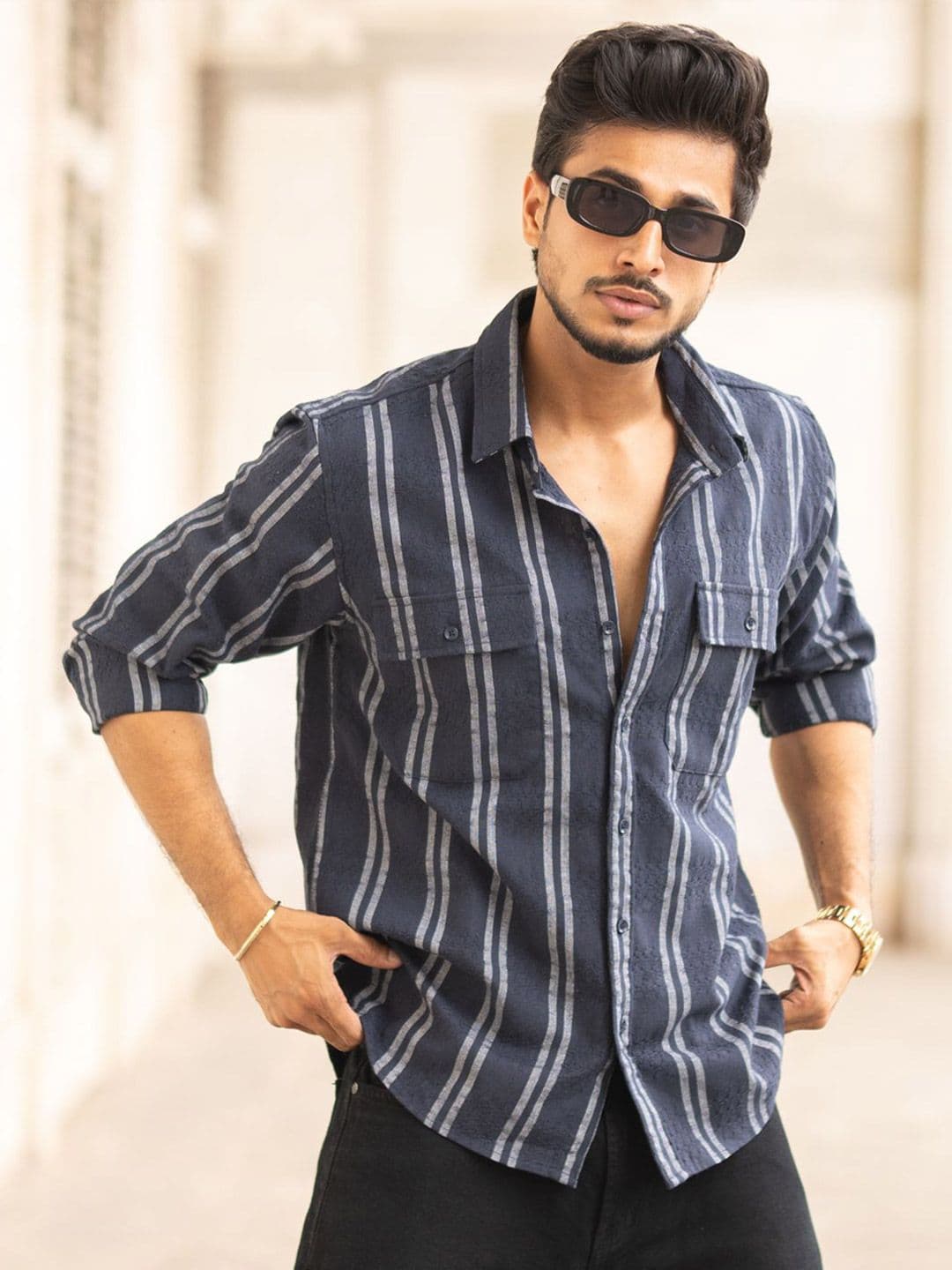 Powerlook Men Spread Collar Vertical Striped Cotton Casual Shirt - view 1