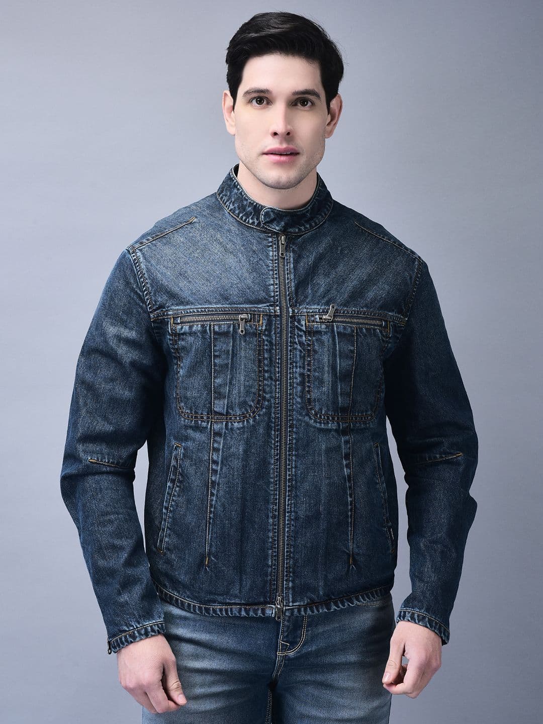 Woods Men Mandarin Collar Washed Solid Cotton Casual Denim Jacket - view 1