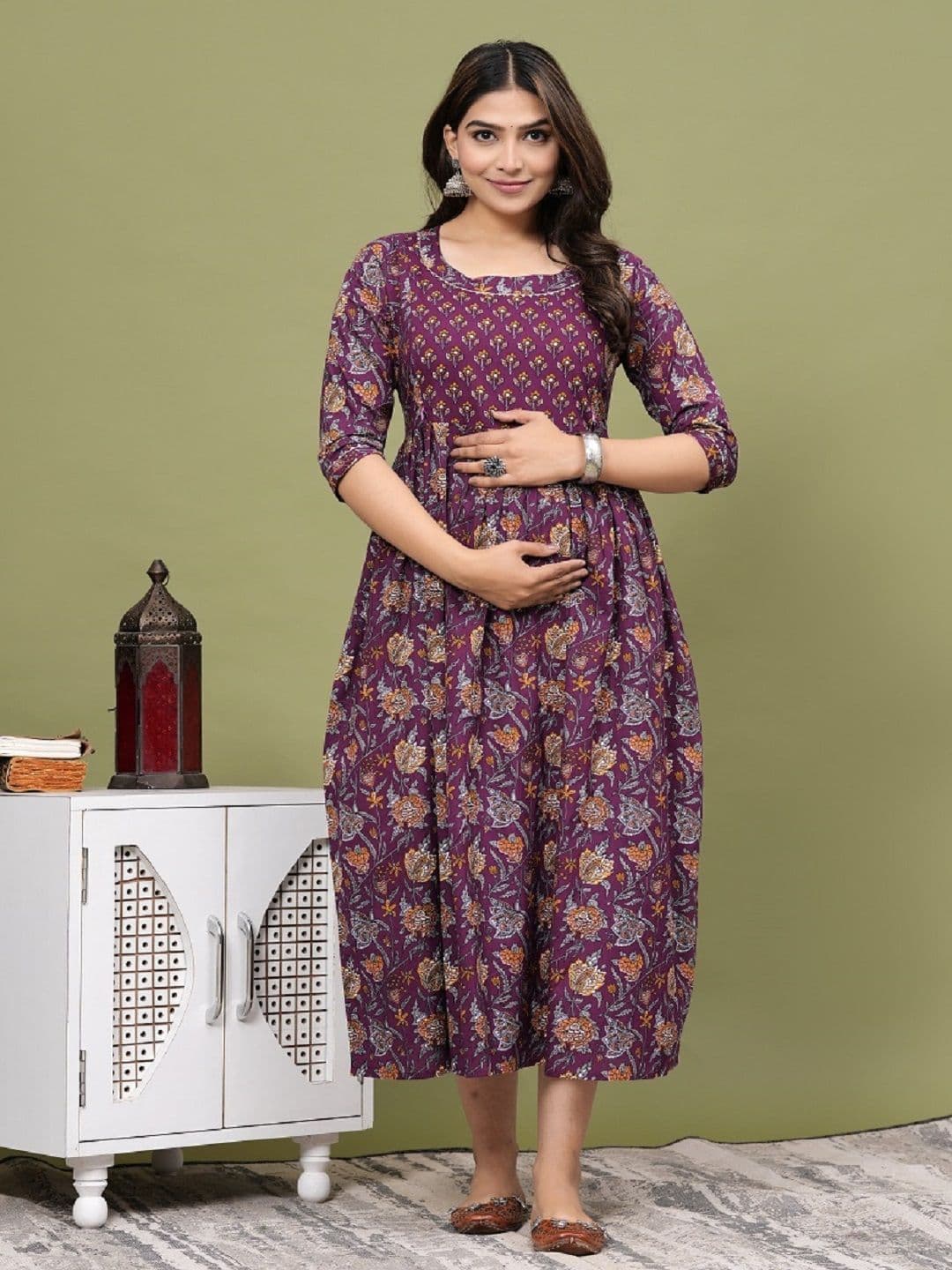 Nevisha Style Floral Printed Round Neck Gotta Patti Maternity Cotton Anarkali Kurta - view 1
