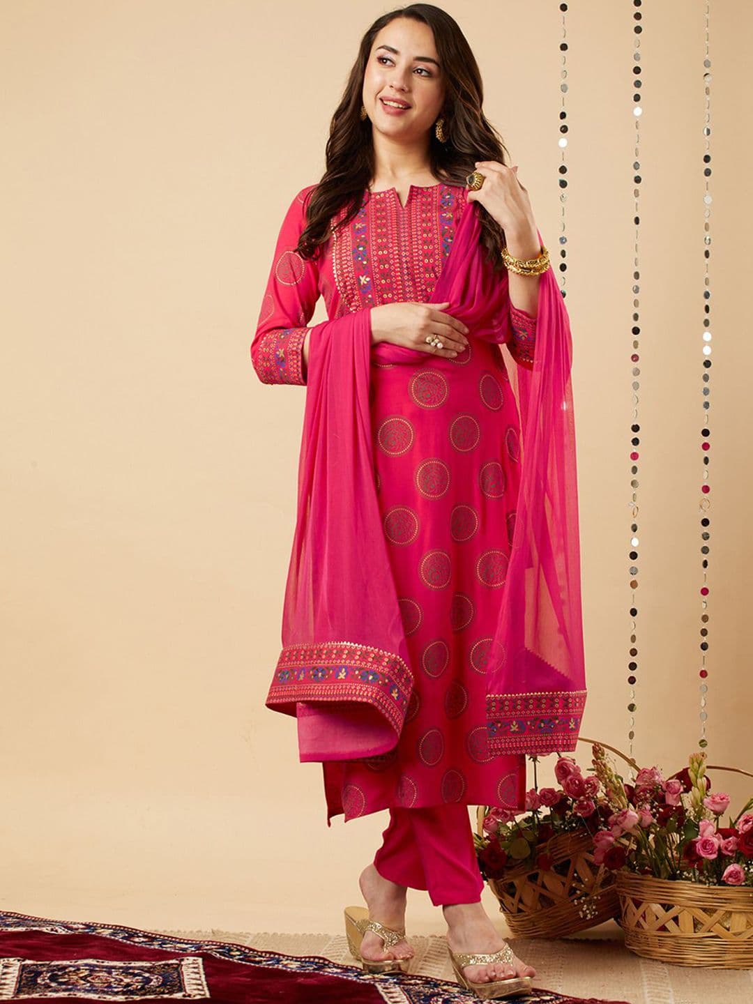 GoSriKi Women Ethnic Motifs Printed Regular Kurta with Trousers & With Dupatta - view 1