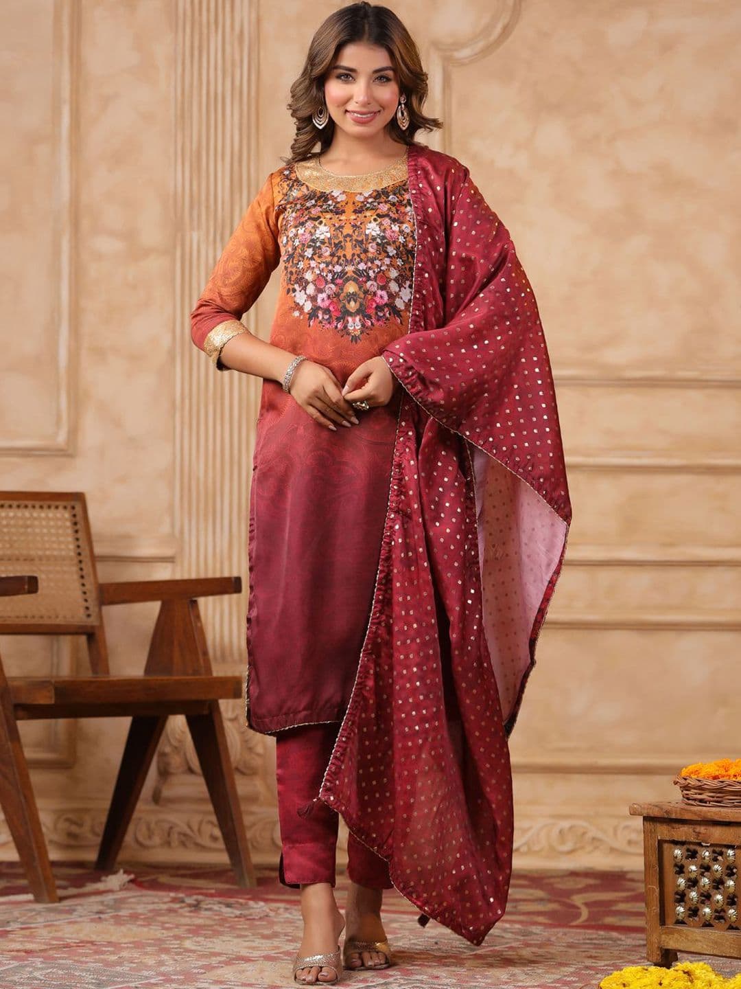 Span Women Floral Printed Regular Kurta with Trousers & With Dupatta - view 1