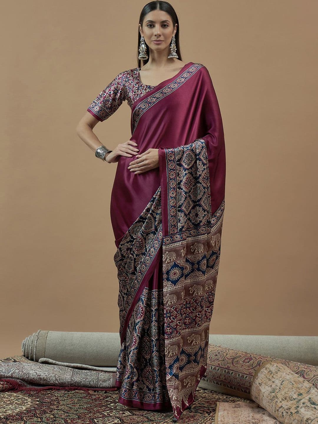 Anouk Ethnic Motifs Ajrak Poly Crepe Block Print Saree - view 1