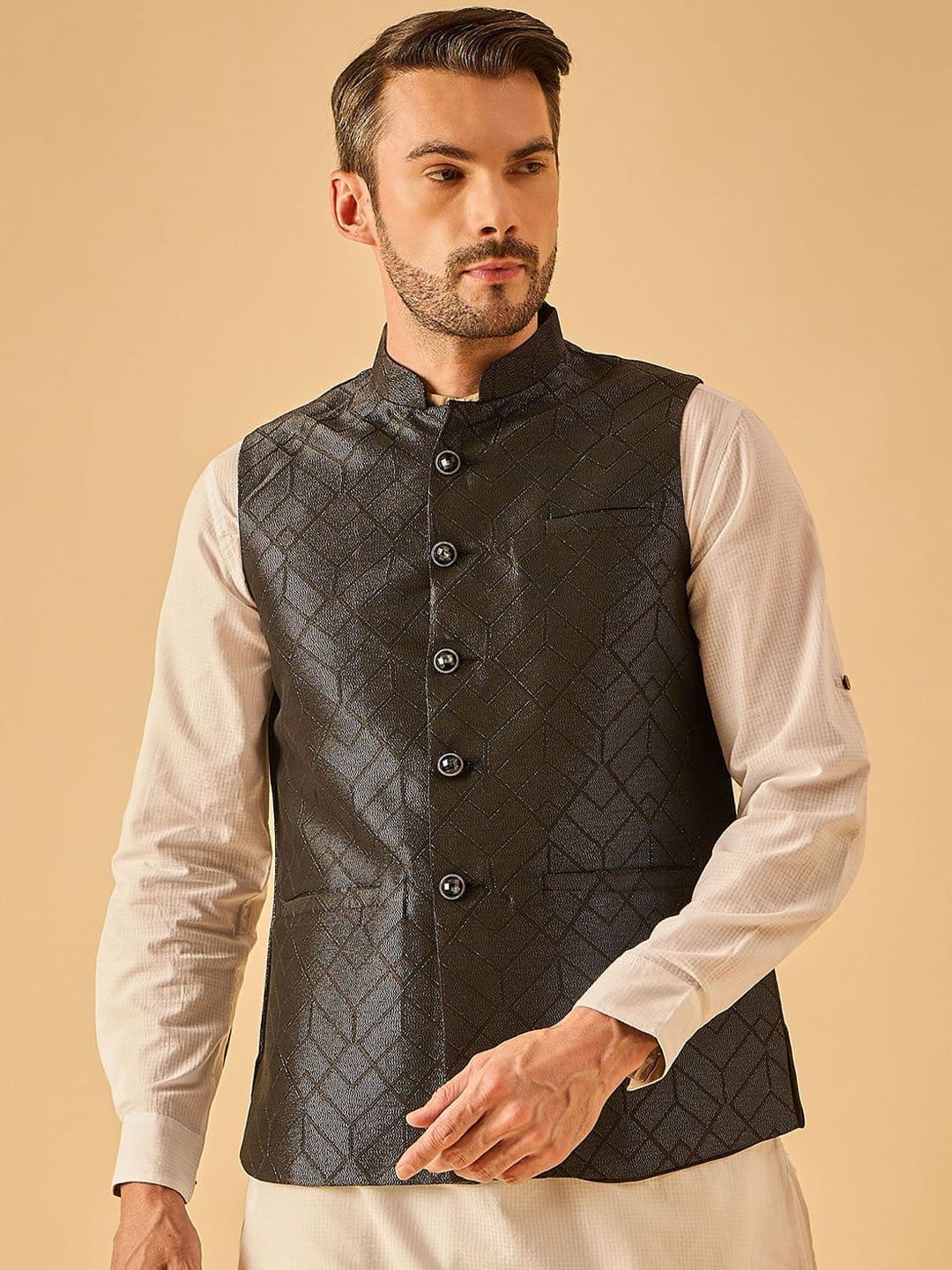 House of Pataudi Men Woven Design Nehru Jacket - view 1